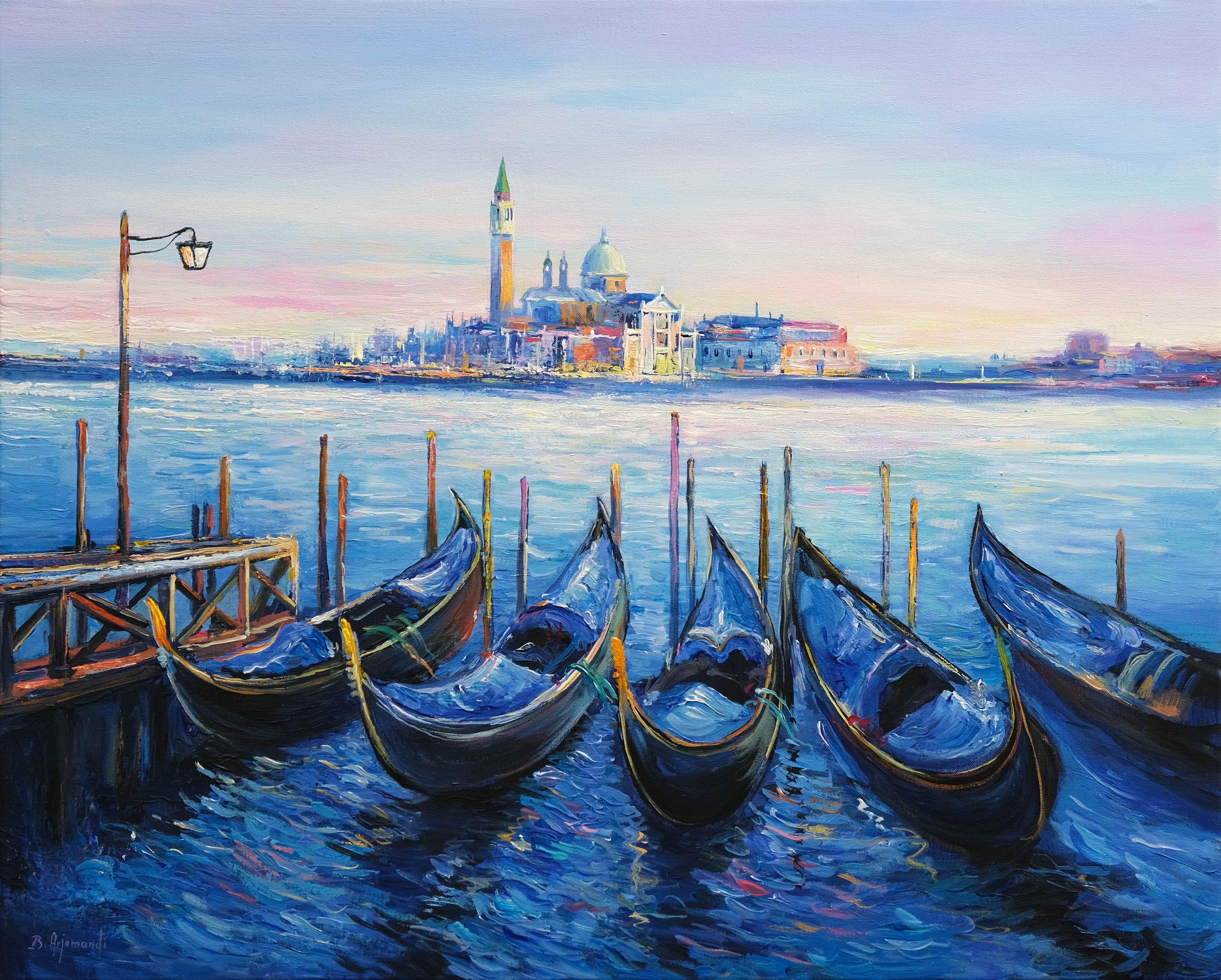 Gondoles de Venise, peinture, acrylique sur toile - Painting de Behshad Arjomandi