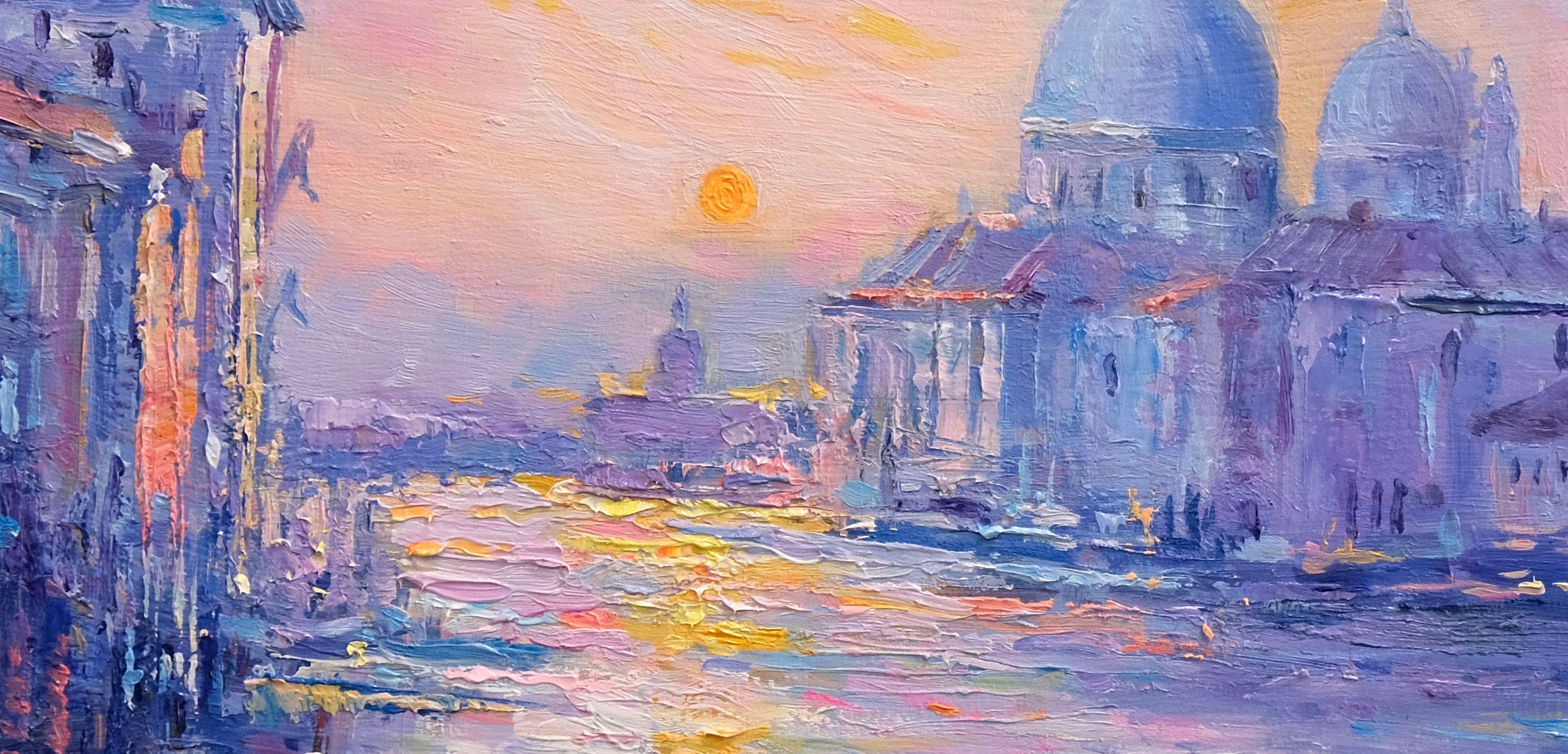 Peinture à l'huile originale d'une vue romantique de Venise.  Une peinture impressionniste inspirée par les couleurs et les lumières d'un coucher de soleil. Un tableau fascinant dans les détails et dans l'ensemble de sa composition.  Il a été peint