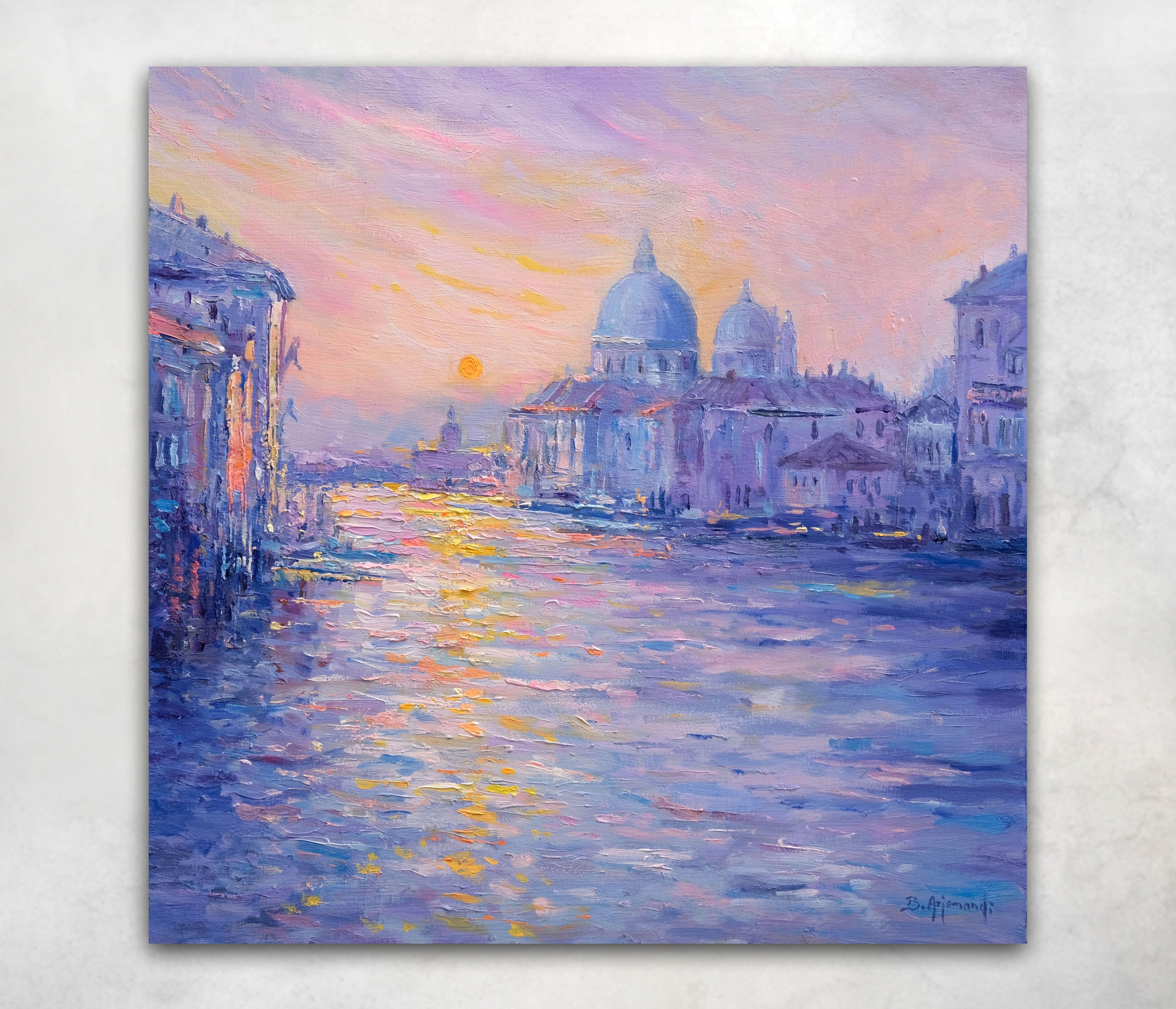 Original oil painting of a romantic view of Venice.  An Impressionistic painting inspired by the colors and lights of a sunset. A fascinating painting in the details and the whole of its composition.  It was painted in multiple layers with palette