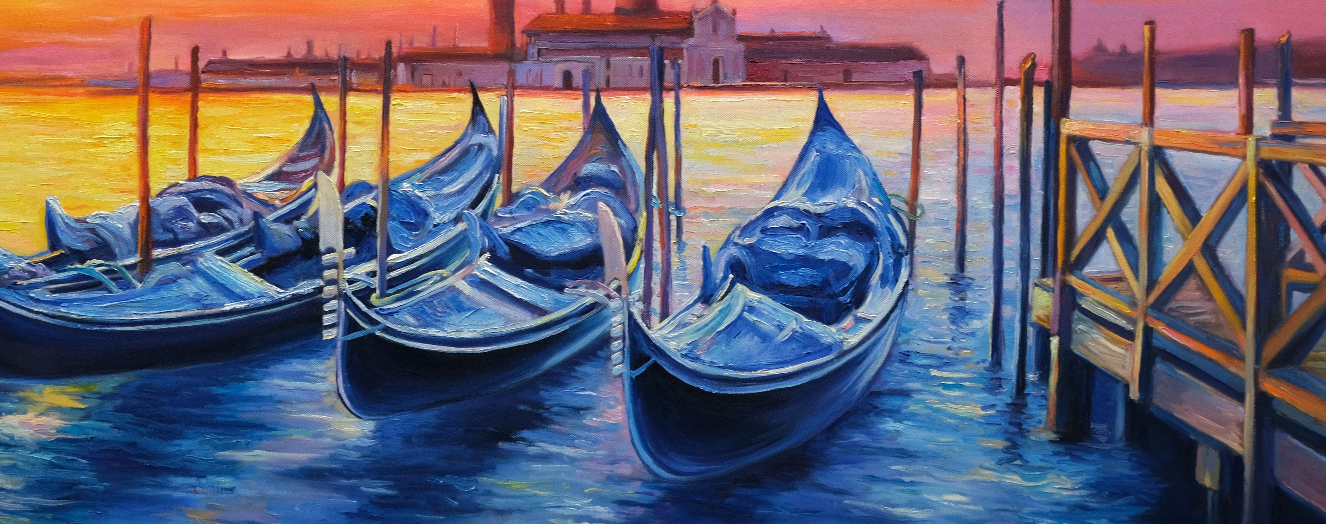 dipinto a olio originale di una romantica veduta del tramonto a Venezia.    * Opere d'arte originali dipinte a mano  * L'opera è firmata sul fronte e include un certificato di autenticità.  * Il dipinto è realizzato su tela tesa utilizzando colori