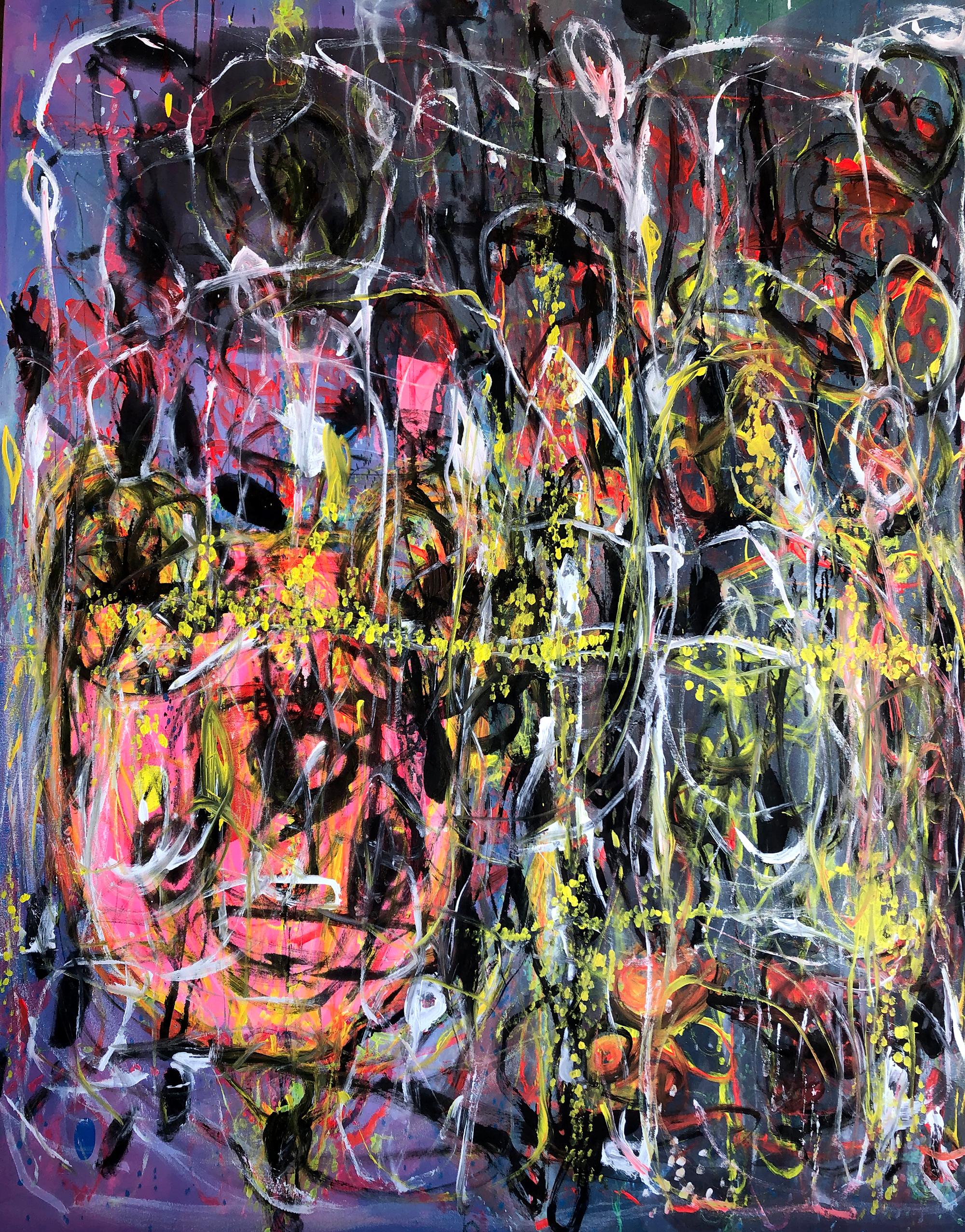 Mixed-media, partly shimmering paint on canvas painting created by painter and sculptor Behzad Haghiri of Los Angeles, California. Painting measures 7' by 5' 8