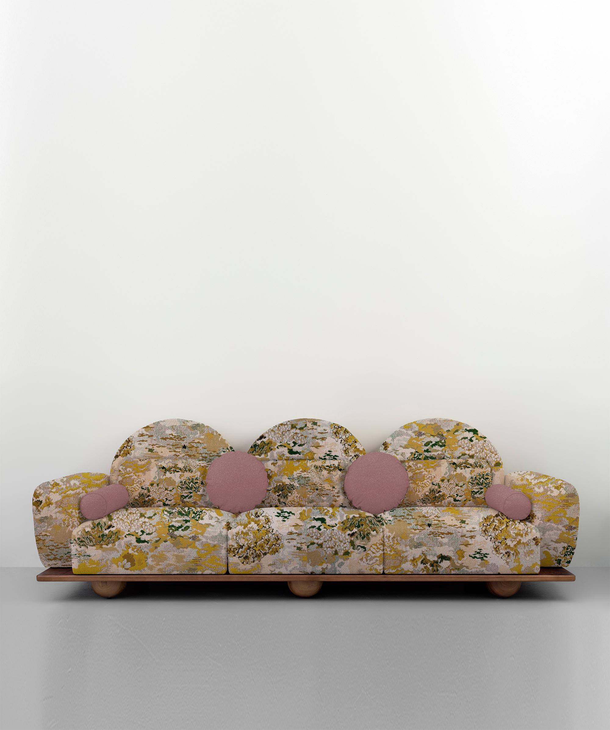 Arts and Crafts Beice 3-Seat Sofa with Yellow Patterned Fabric For Sale