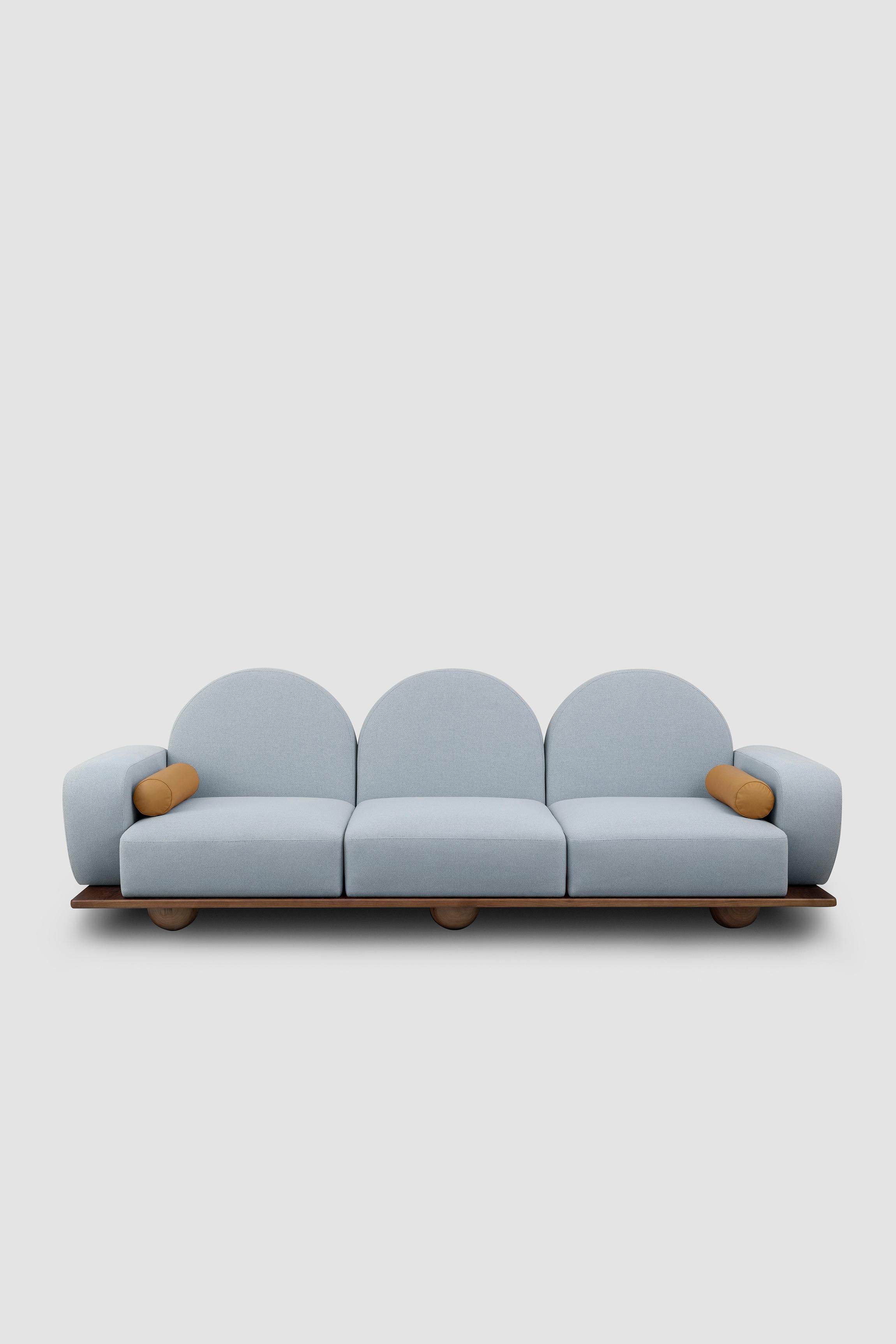 Wood Beice 3-Seat Sofa with Yellow Patterned Fabric For Sale