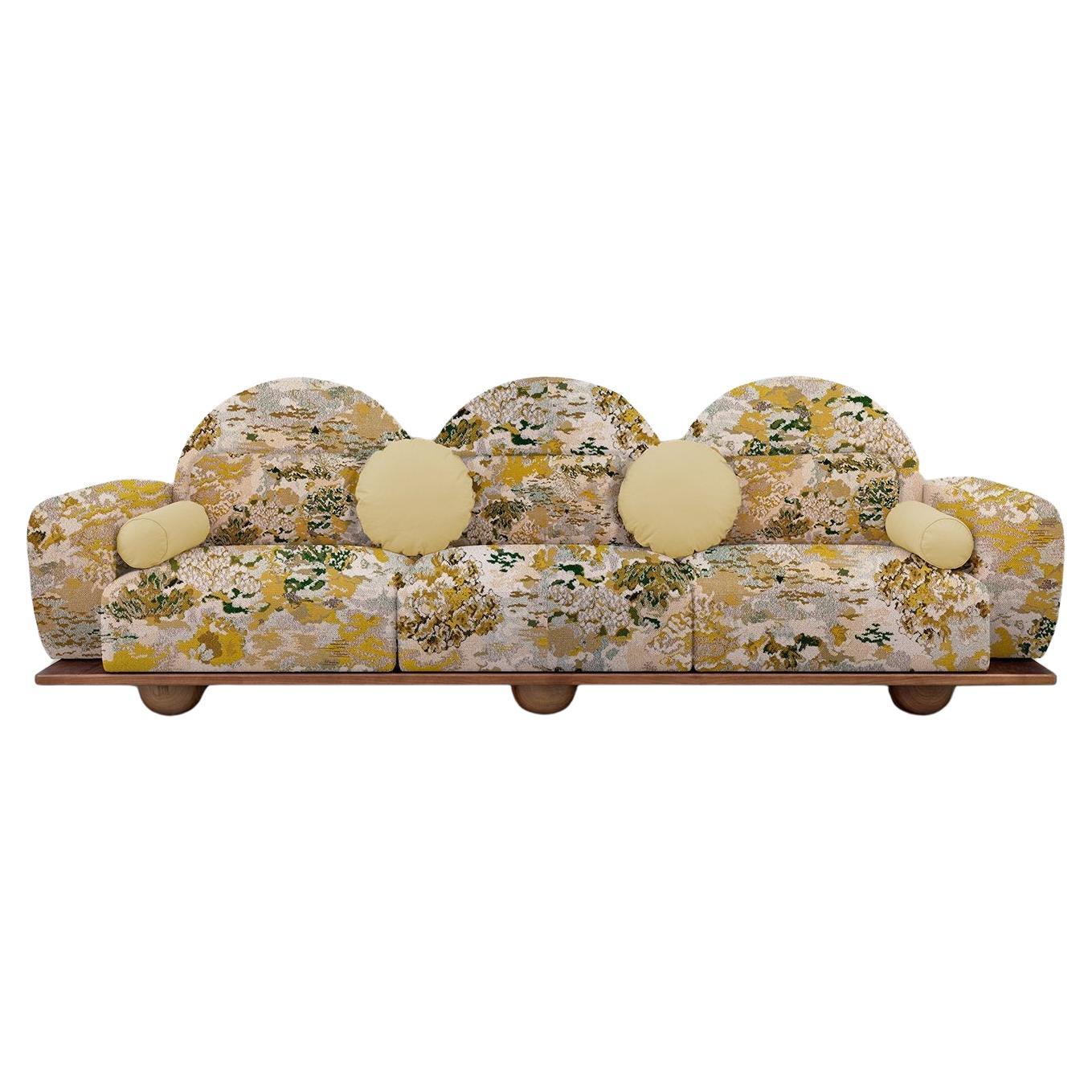 Canapé Beice par Merve Kahraman, American Walnut, tissu Lime et cuir Mustard en vente