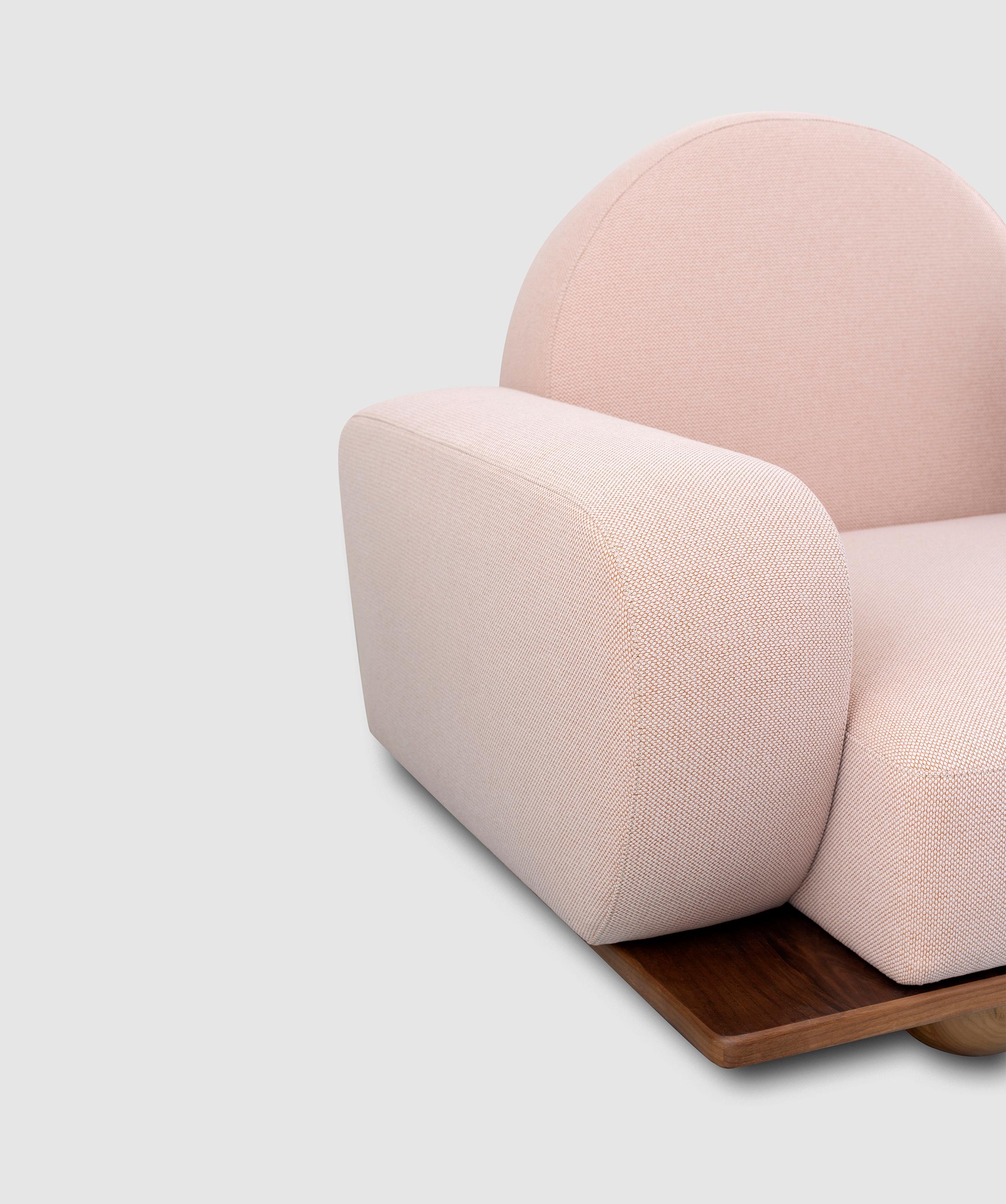 Beice Sofa by Merve Kahraman, American Walnut Pink Fabric & Mustard Leather For Sale 4