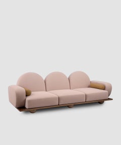 Beice Sofa by Merve Kahraman, American Walnut Pink Fabric & Mustard Leather