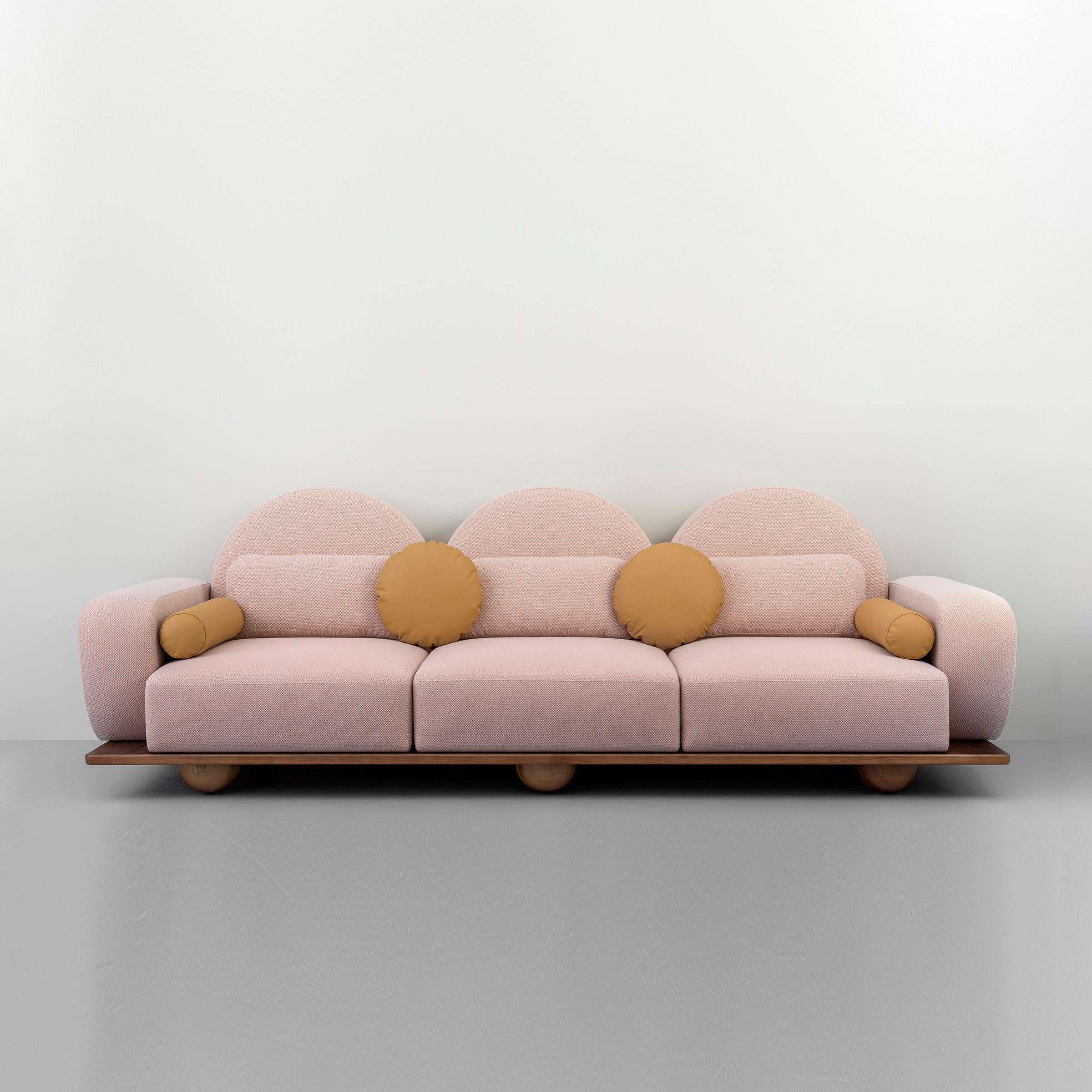 Turkish Beice Sofa by Merve Kahraman, American Walnut Pink Fabric & Mustard Leather For Sale