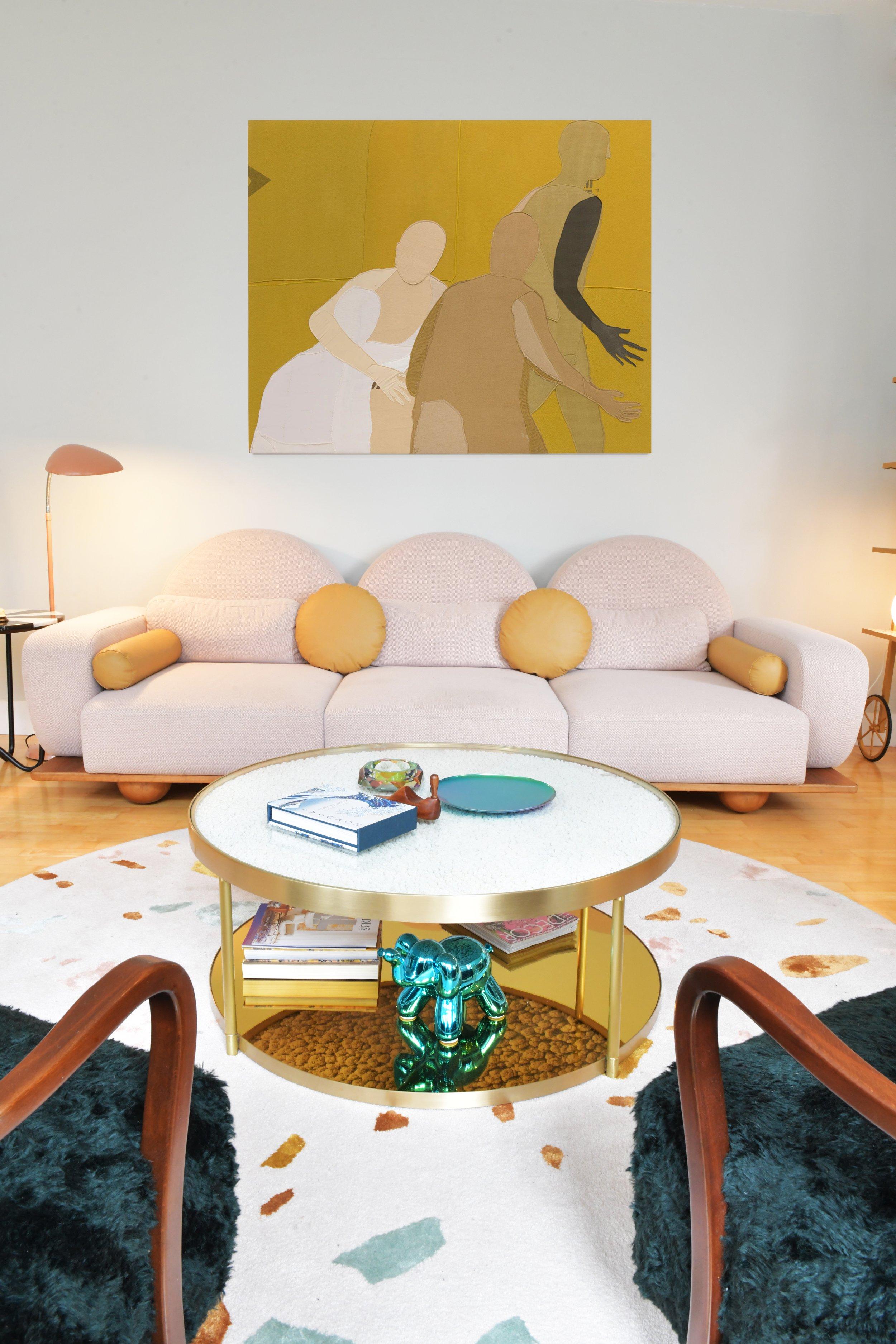 Beice Sofa by Merve Kahraman, American Walnut Pink Fabric & Mustard Leather In New Condition For Sale In New York, NY
