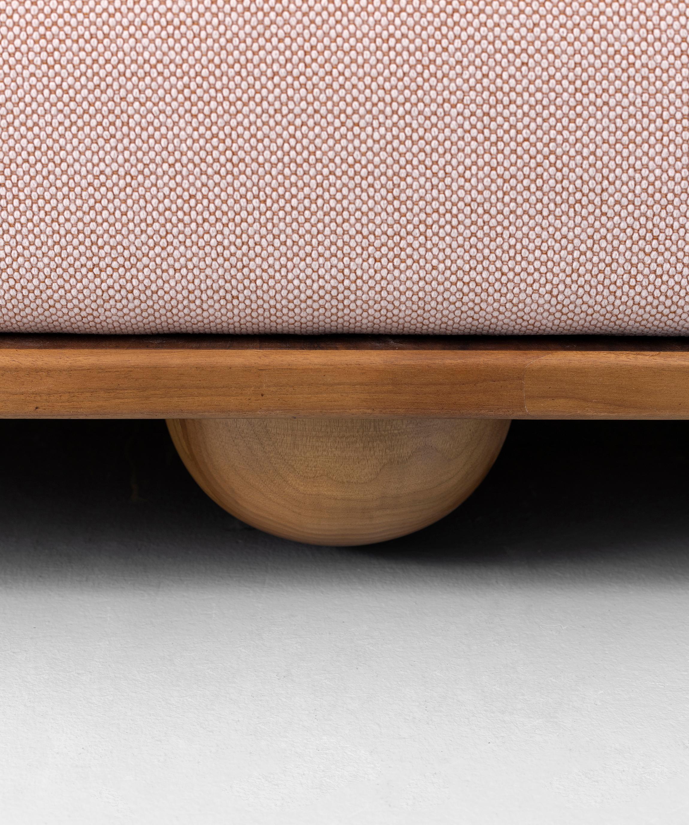 Beice Sofa by Merve Kahraman, American Walnut Pink Fabric & Mustard Leather For Sale 3