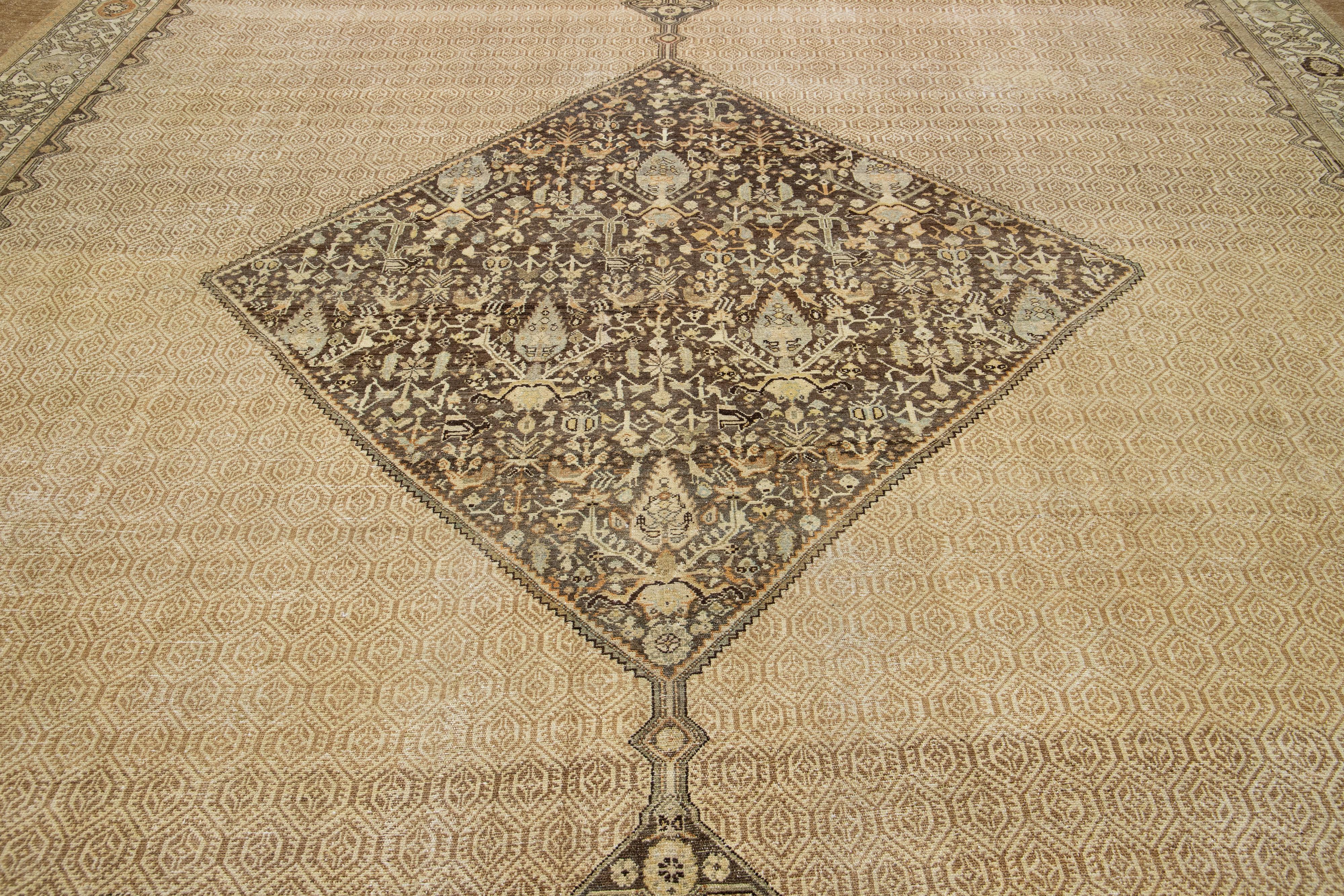 20th Century Beige 1900s Hamadan Persian Gallery Wool Rug with Medallion Design  For Sale