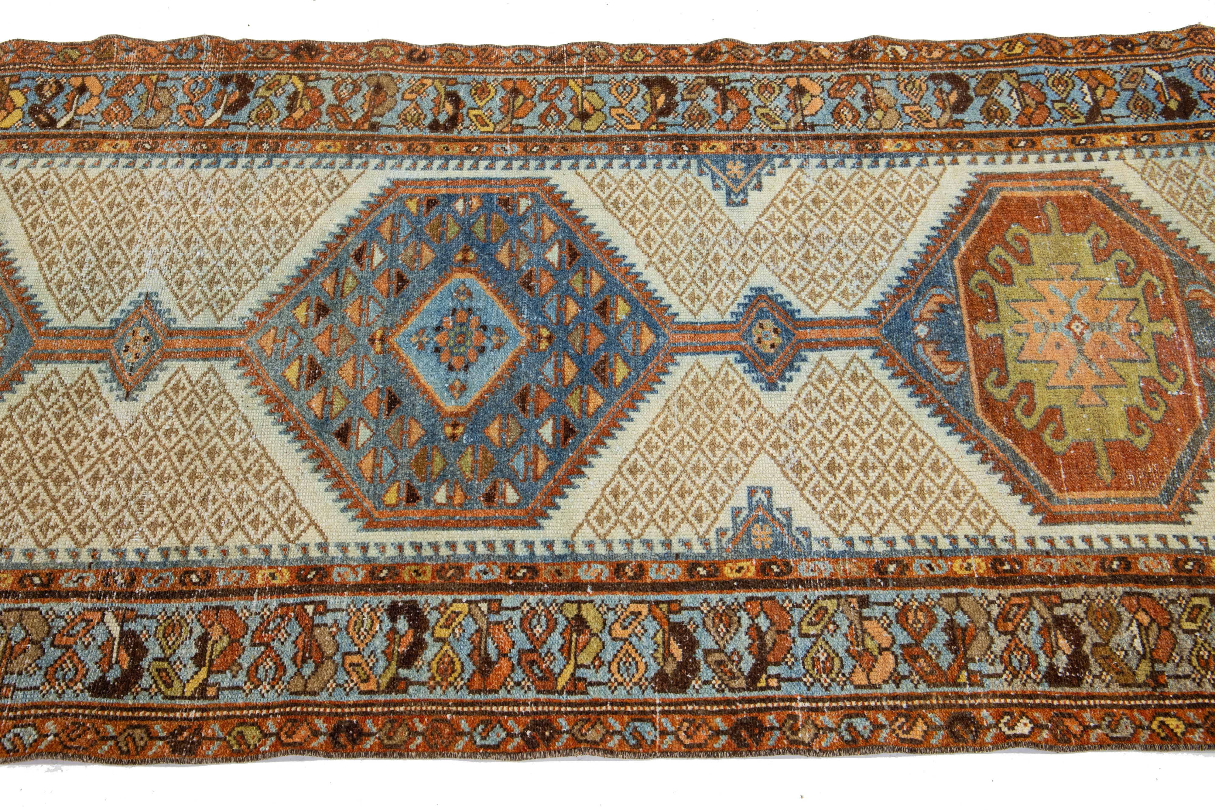 Hand-Knotted Beige 1920s Hamadan Persian Beige Wool Runner with Medallion Design  For Sale