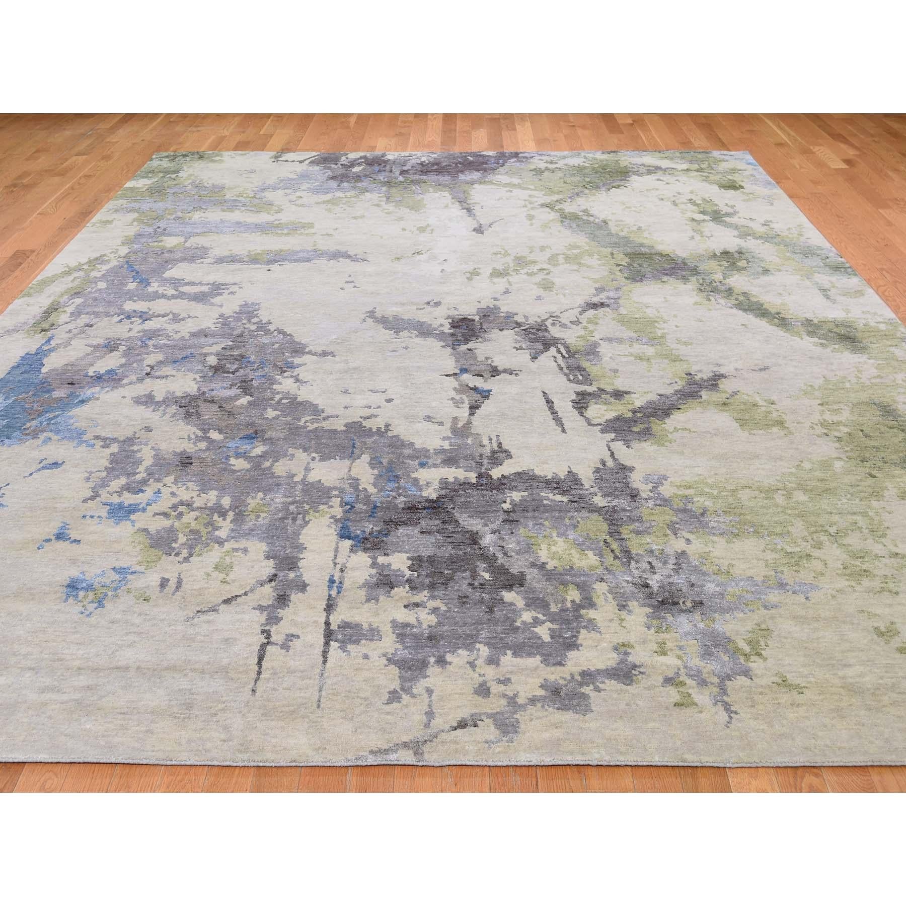 Modern Beige Abstract Paint Brush Design Wool and Silk Hand Knotted Rug