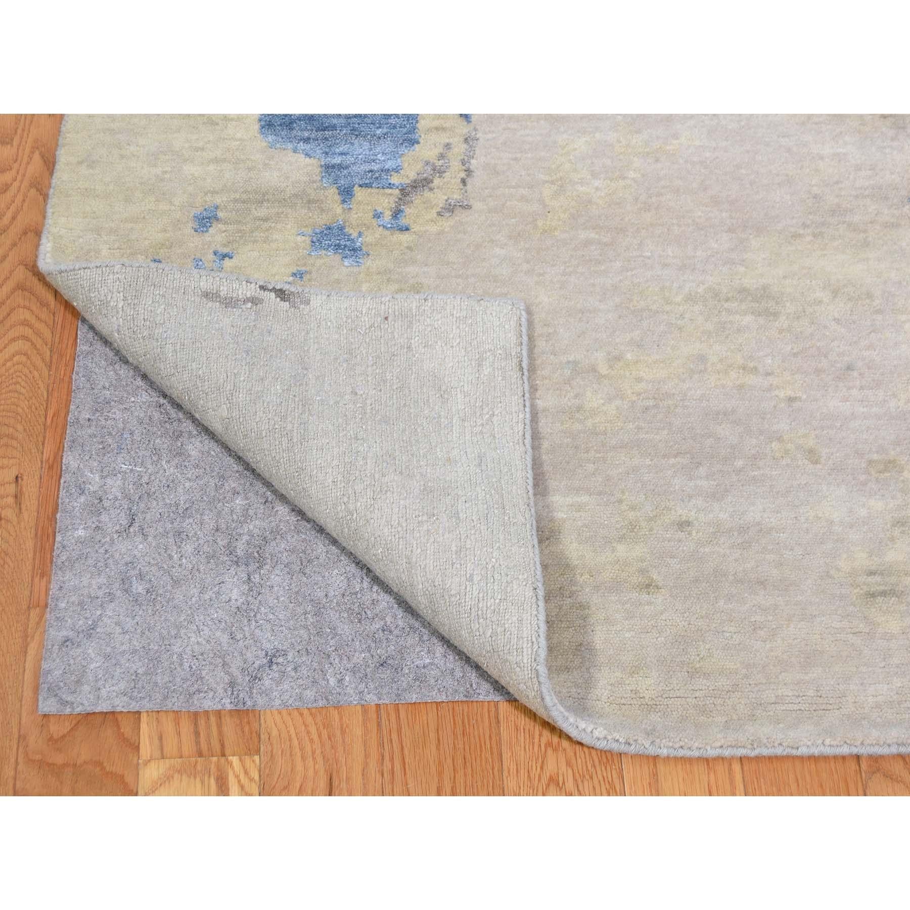 Hand-Knotted Beige Abstract Paint Brush Design Wool and Silk Hand Knotted Rug