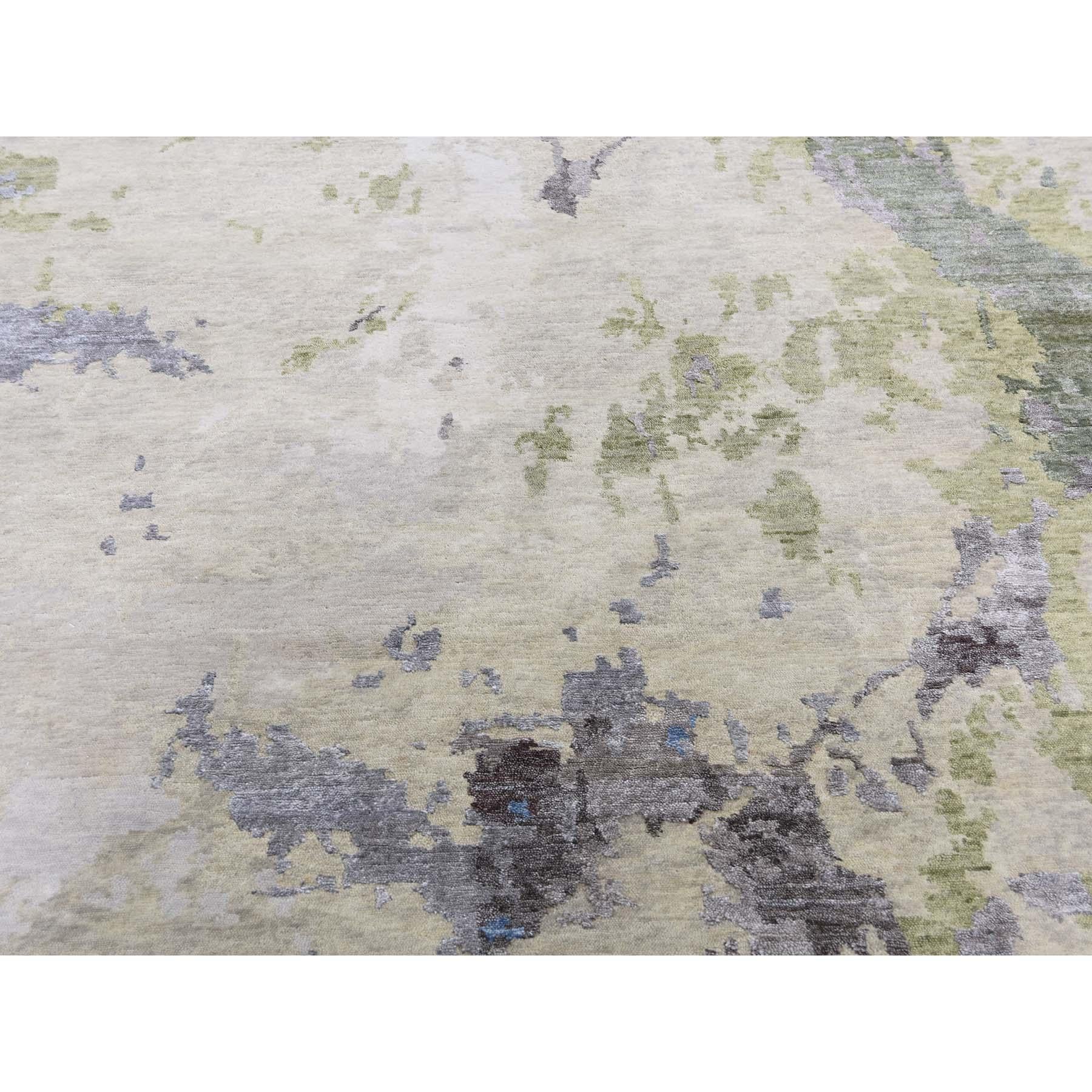 Beige Abstract Paint Brush Design Wool and Silk Hand Knotted Rug 2