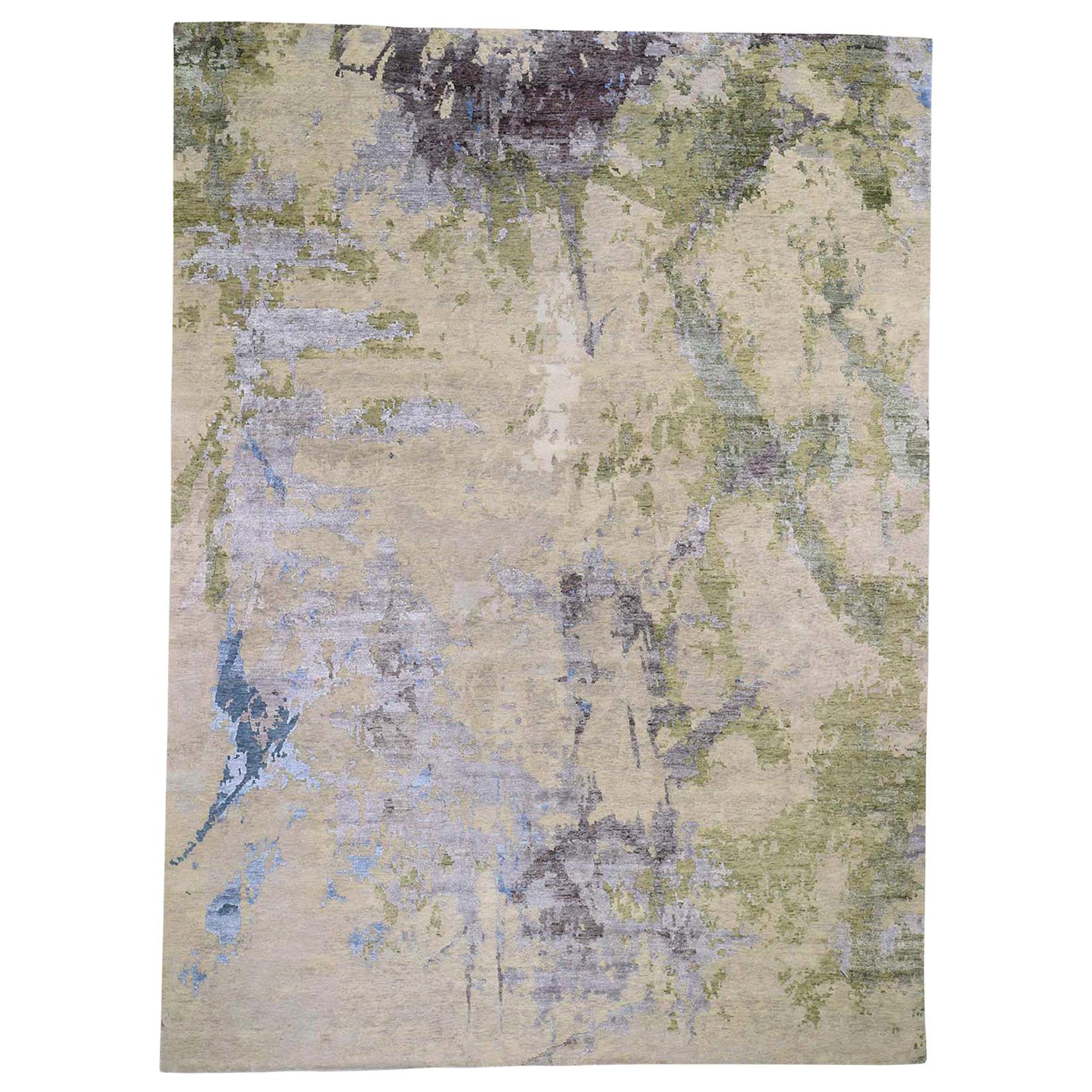 Beige Abstract Paint Brush Design Wool and Silk Hand Knotted Rug
