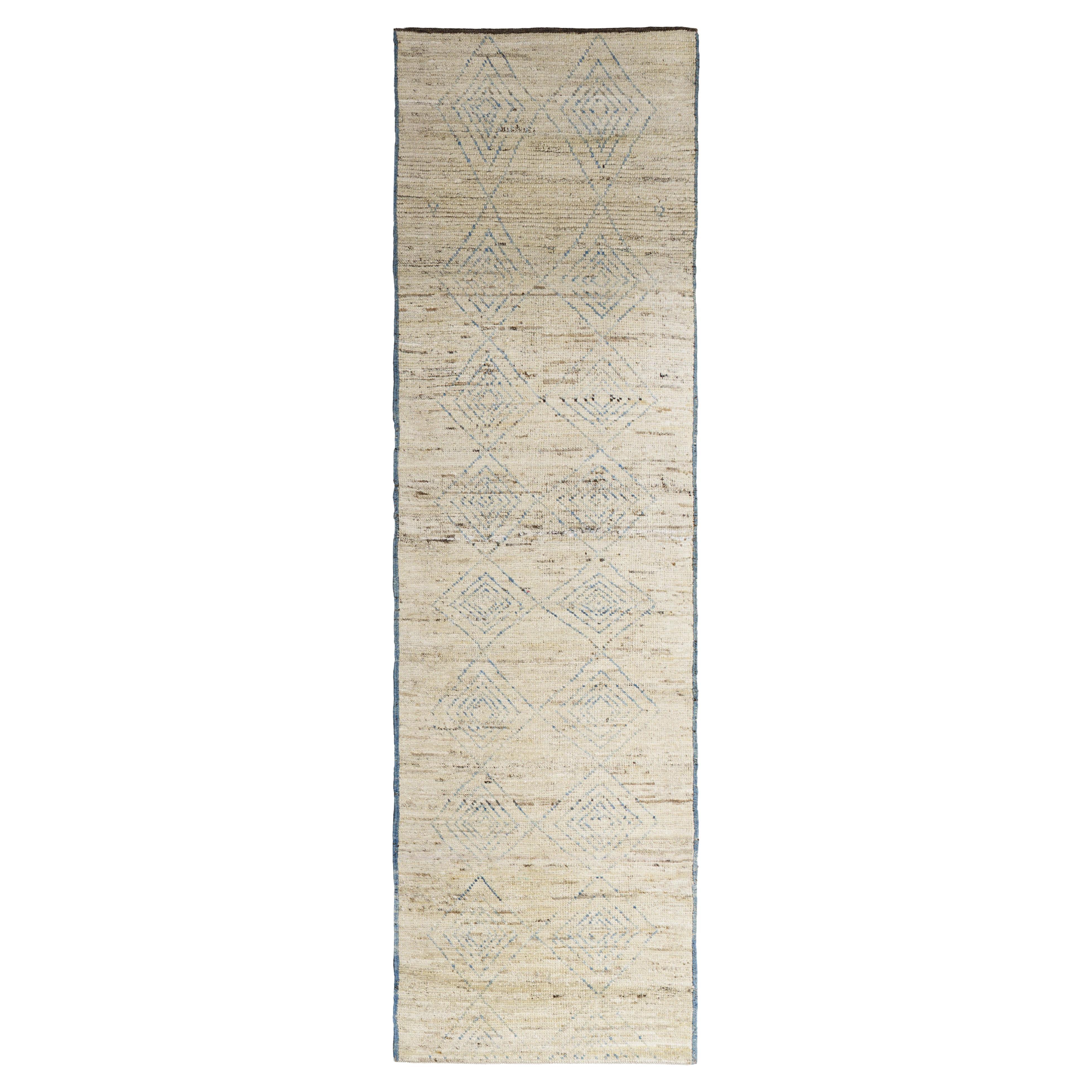 Beige Afghan Moroccan Hand Knotted Runner 3 ft x 9 ft, Neutral Lattice Drift