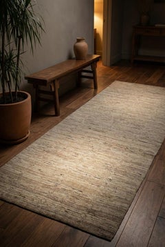 Beige Afghan Moroccan Hand Knotted Runner 5 ft x 12 ft , Parchment Linear Calm