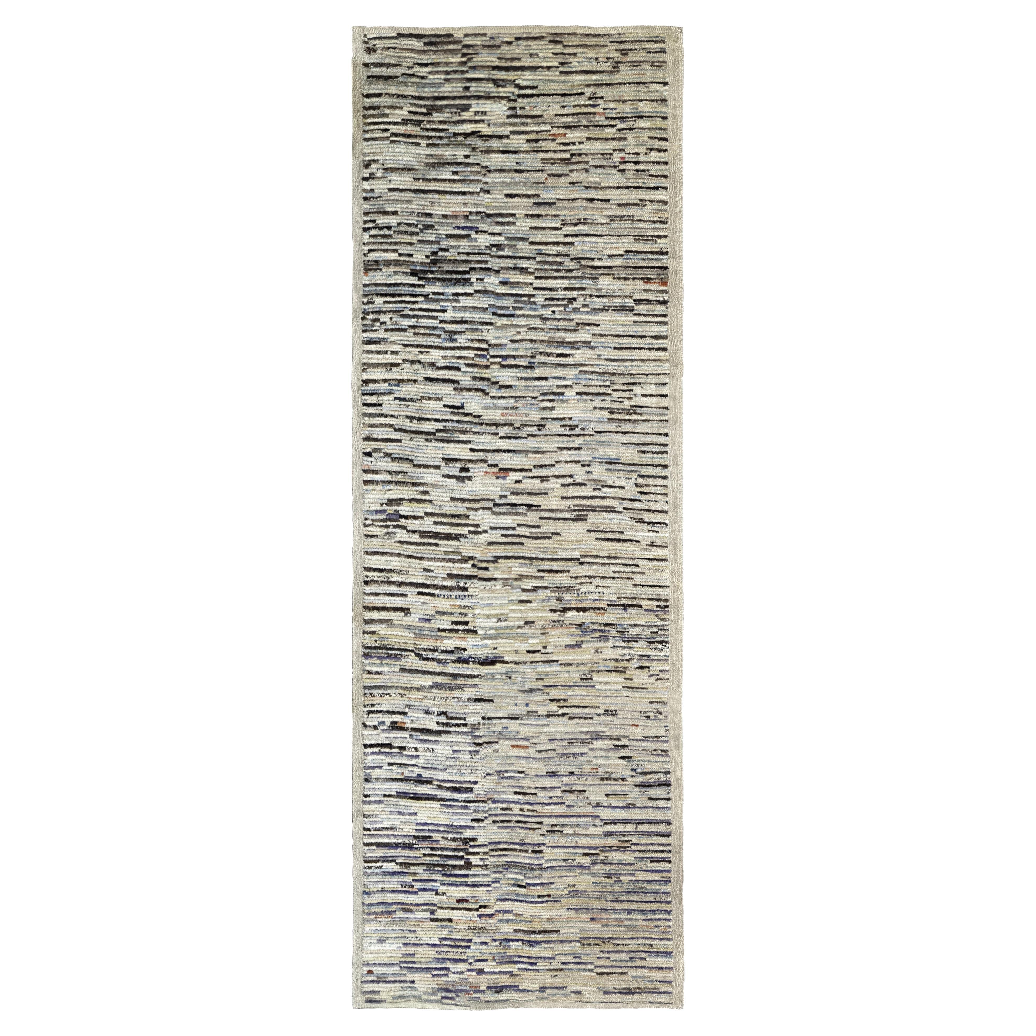 Beige Afghan Moroccan Wool Hand Knotted Runner 3 ft x 10 ft, Neutral Linear Path