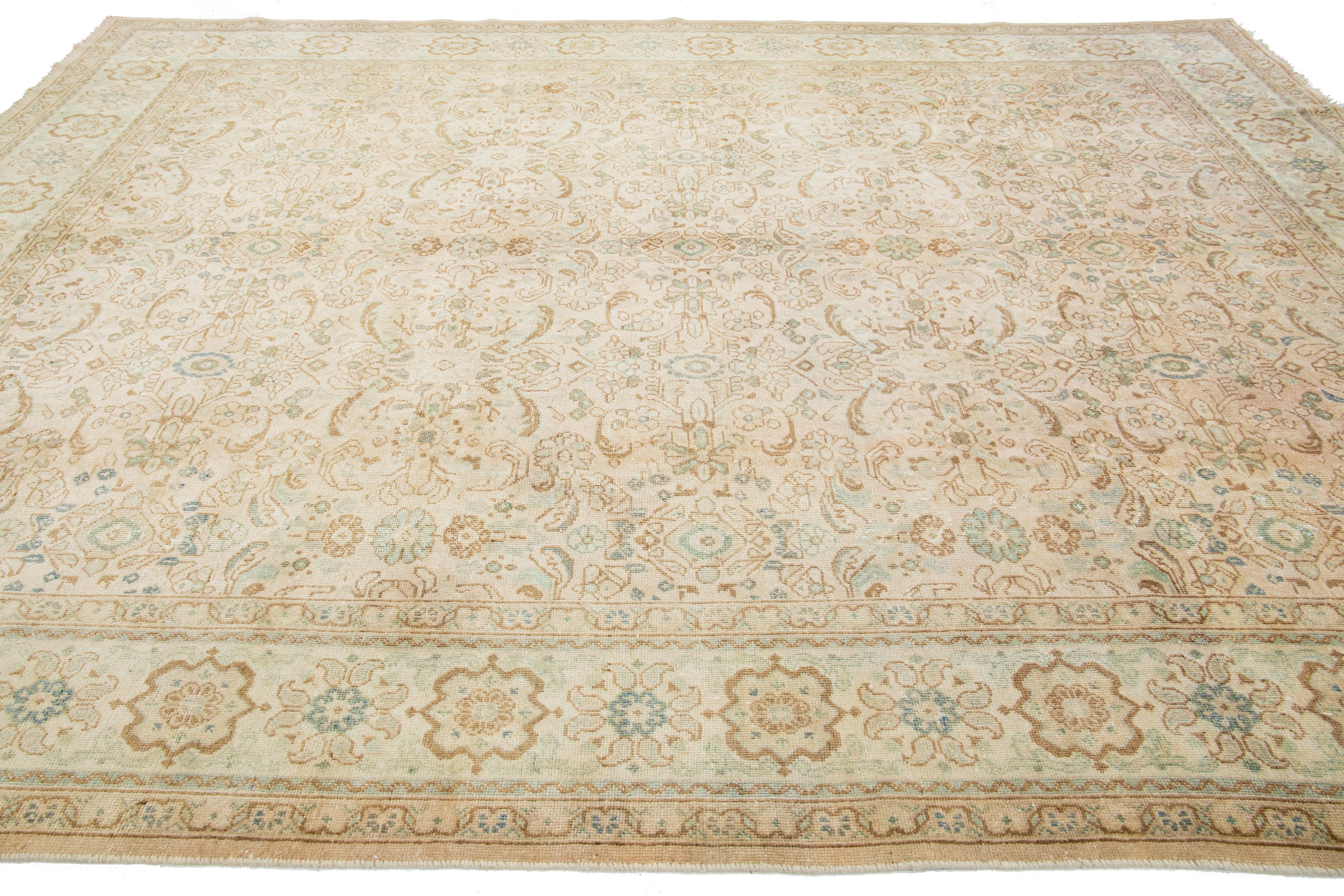 Hand-Knotted Beige Allover Designed Antique Wool Rug Persian Mahal From 1910s  For Sale