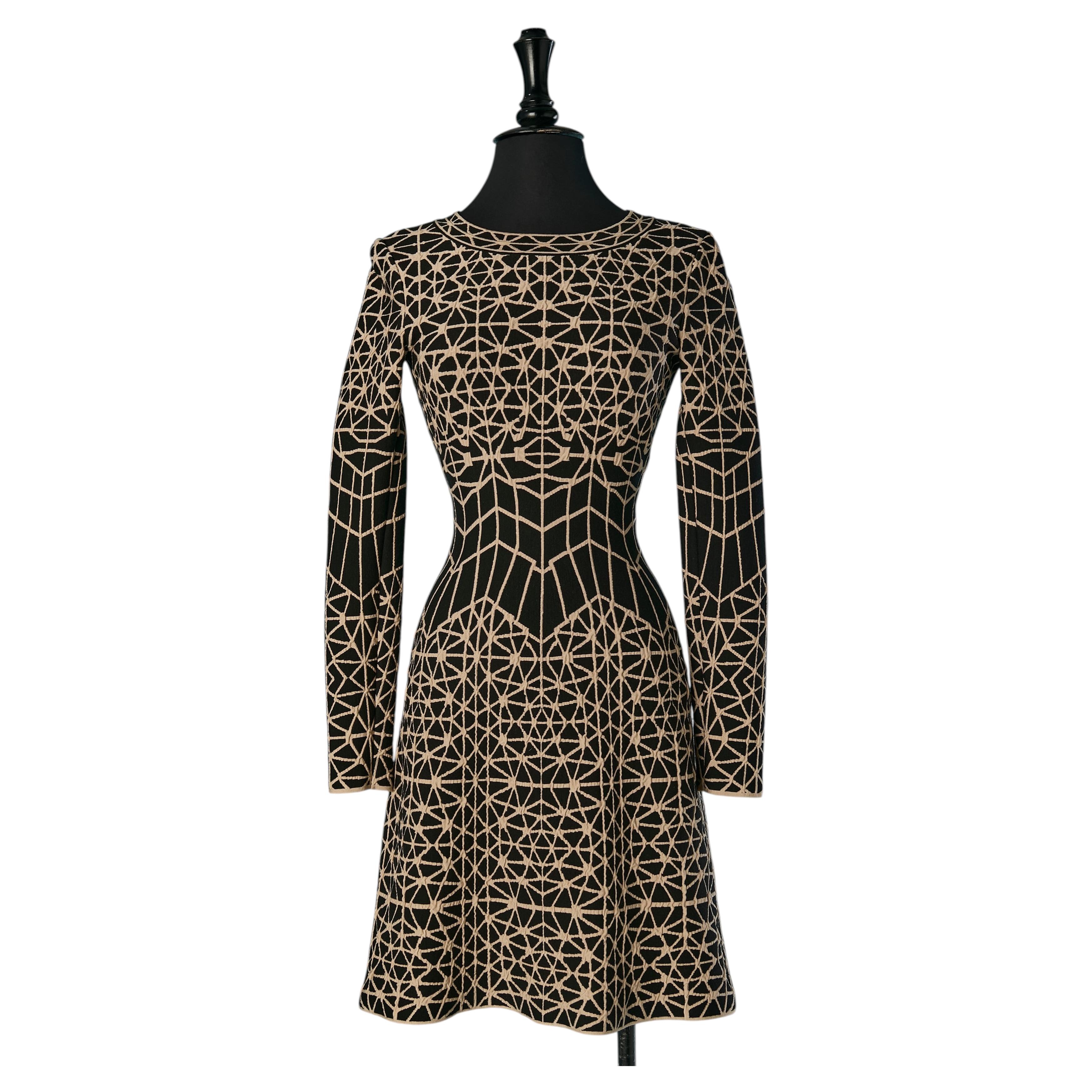 Beige and black knit jacquard dress ALAIA