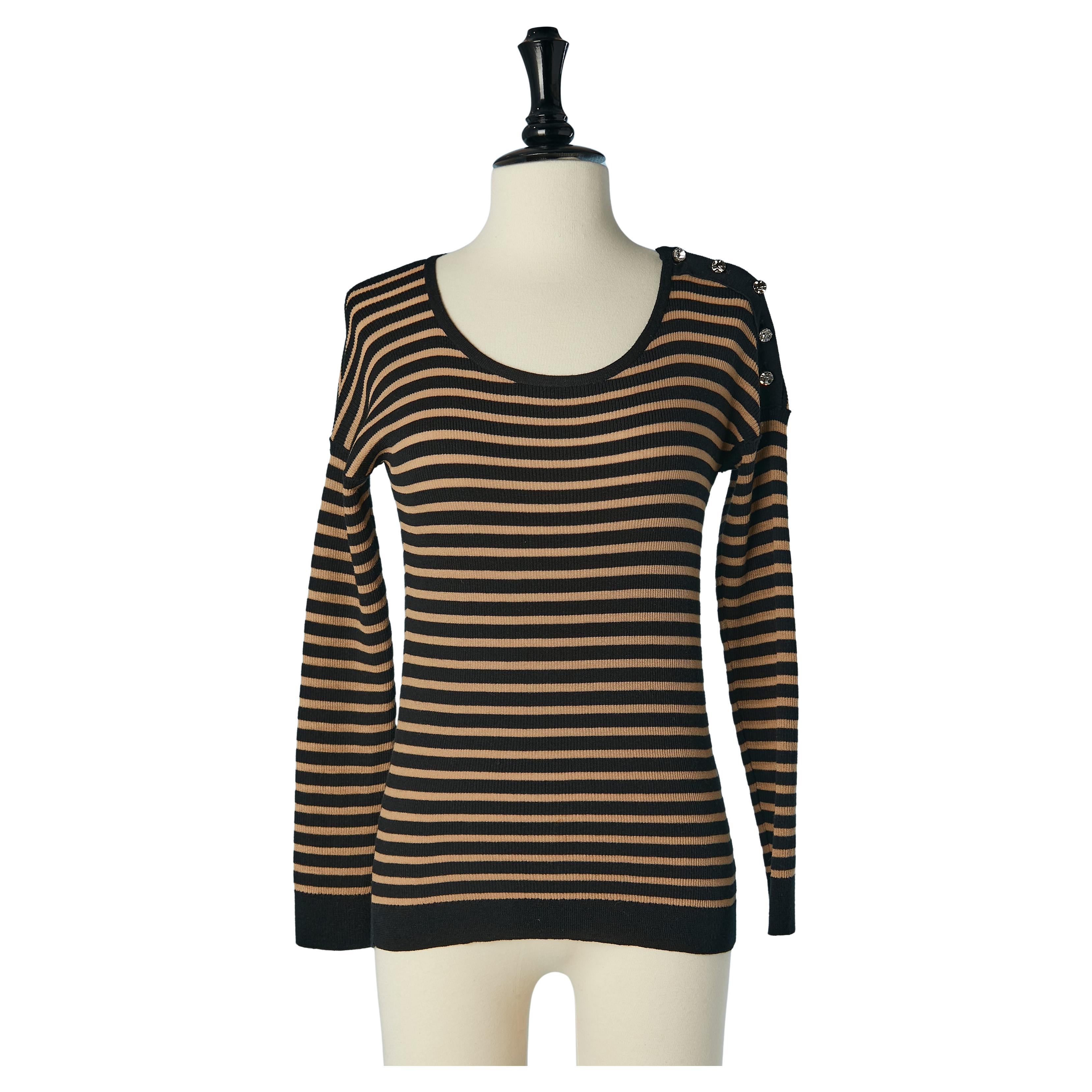 Pull rayé beige et noir avec boutons en strass Sonia Rykiel