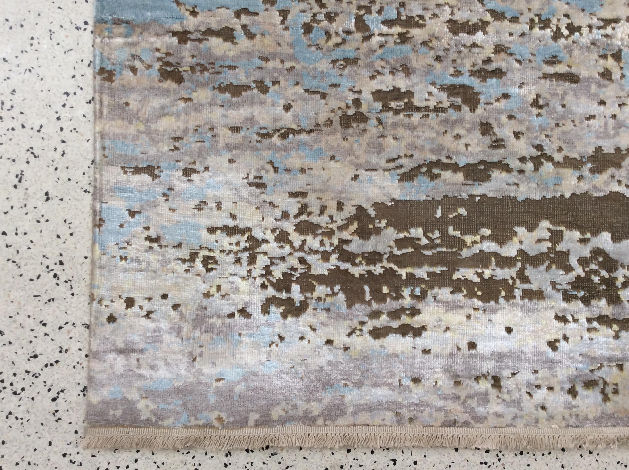 Indian Beige and Blue Abstract Area Rug For Sale
