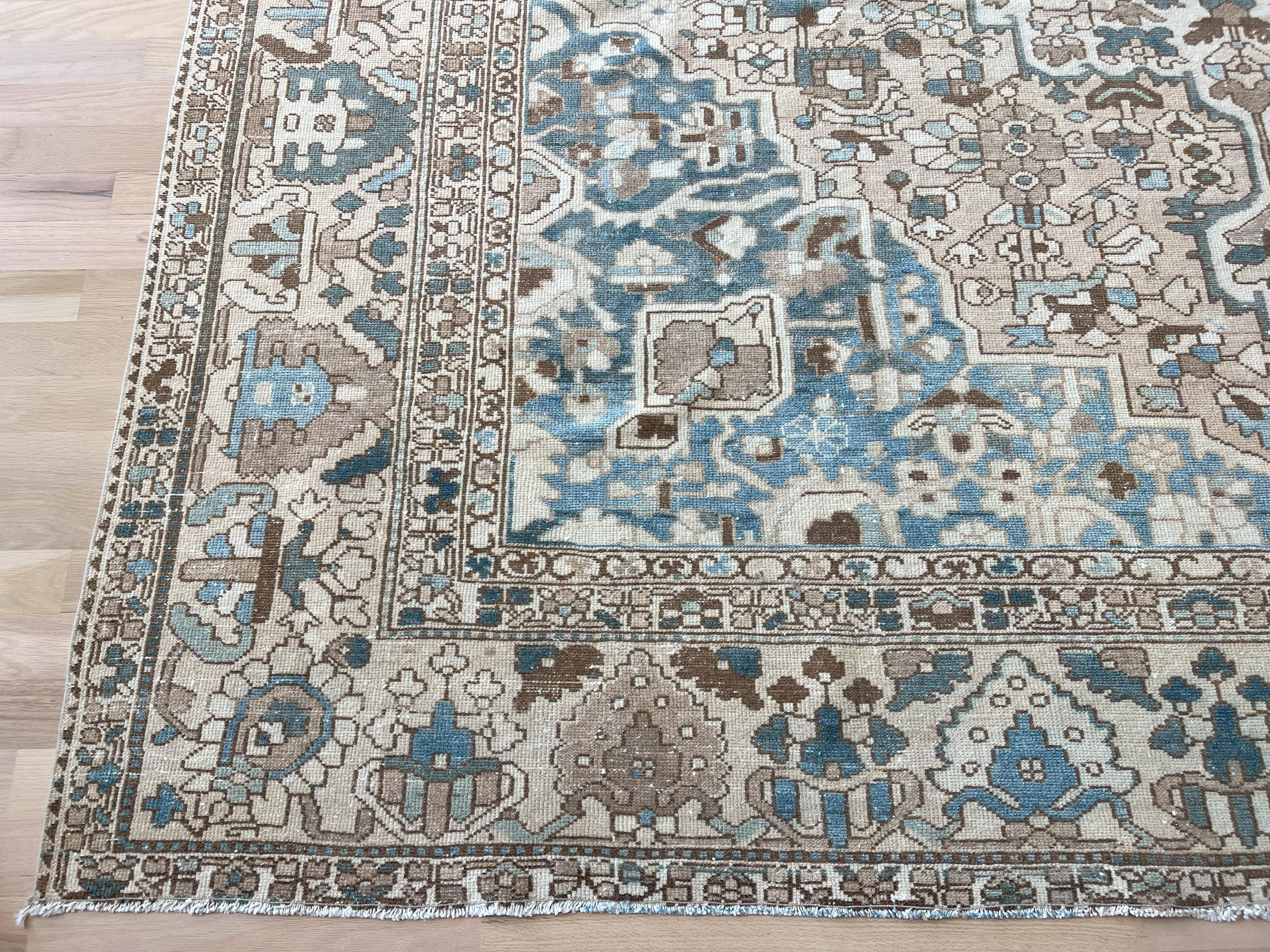 Alfombra Persa Bakhtiari Beige y Azul Semi-Antigua Lana en venta