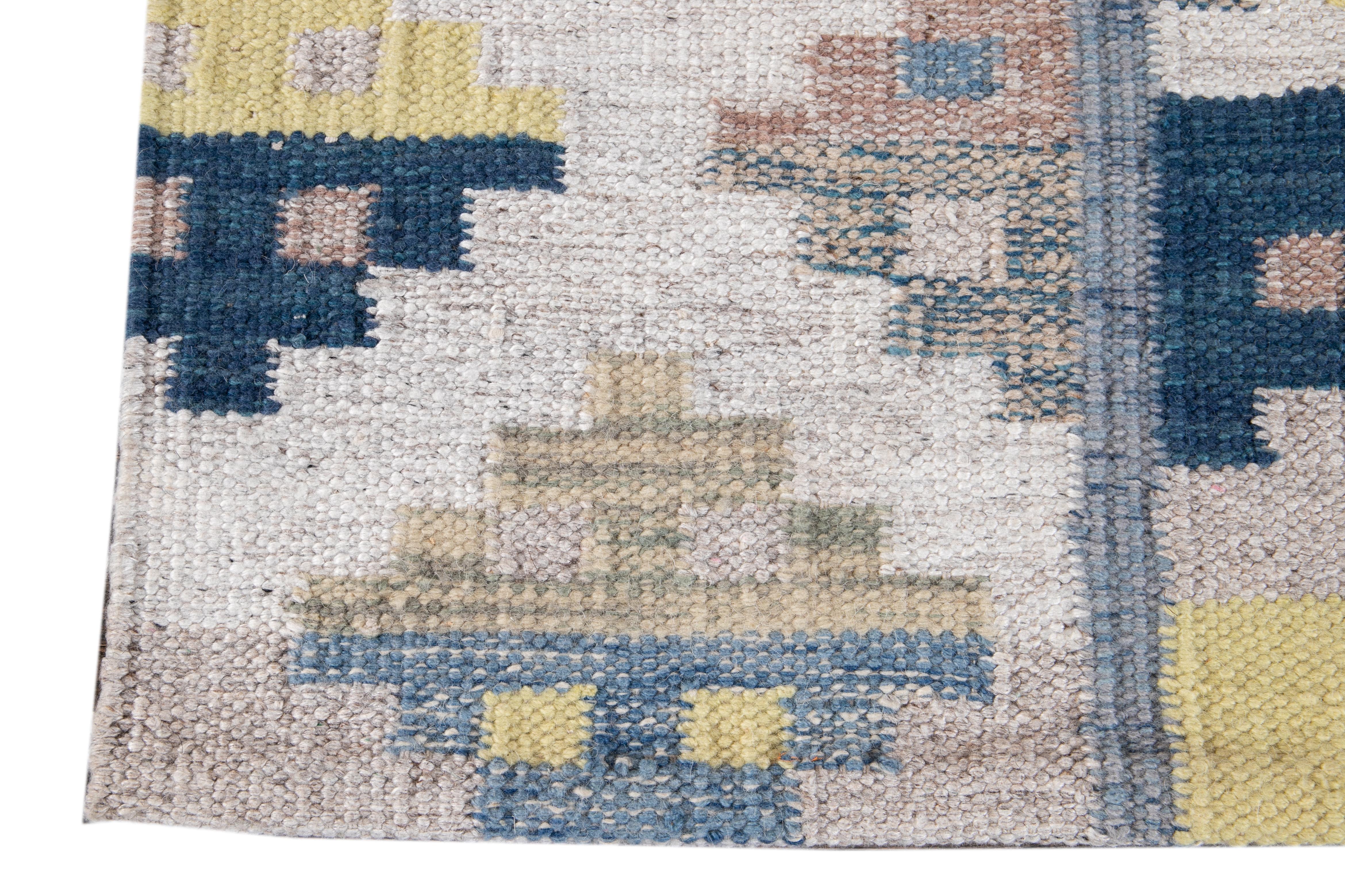 Contemporary Beige and Blue Wool Scandinavian Style Kilim Custom Rug For Sale