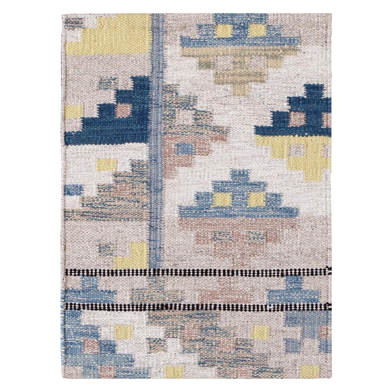 Beige and Blue Wool Scandinavian Style Kilim Custom Rug For Sale