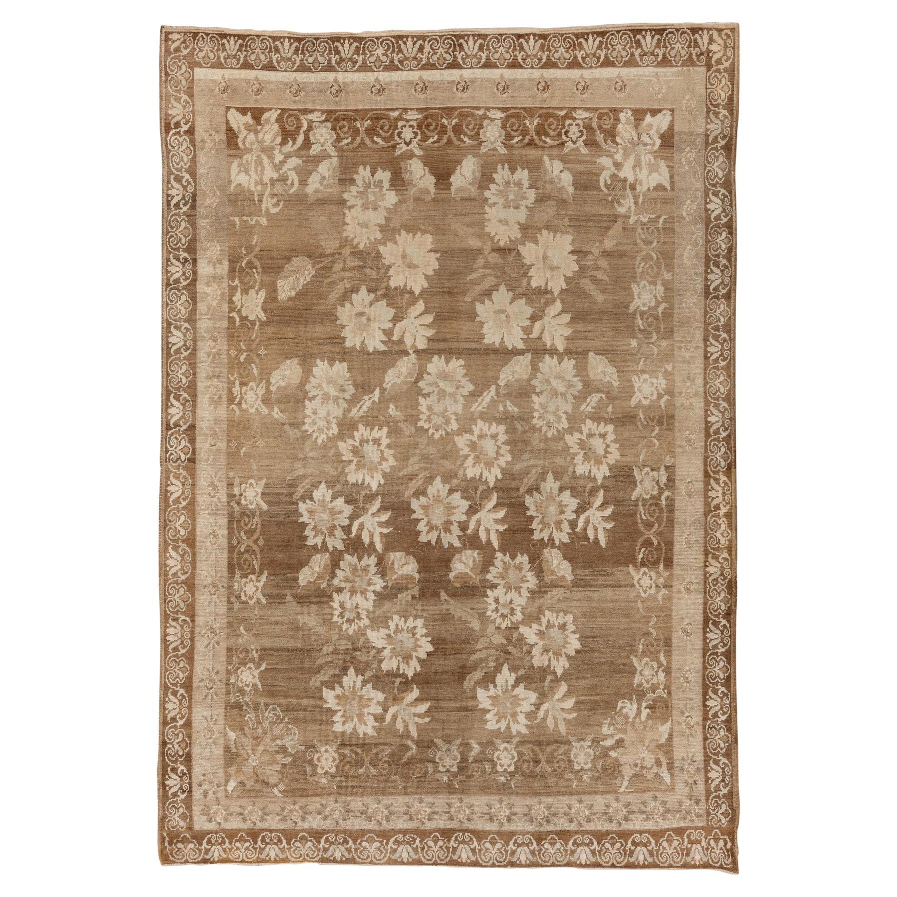 Beige and Brown Floral Scene Oushak For Sale
