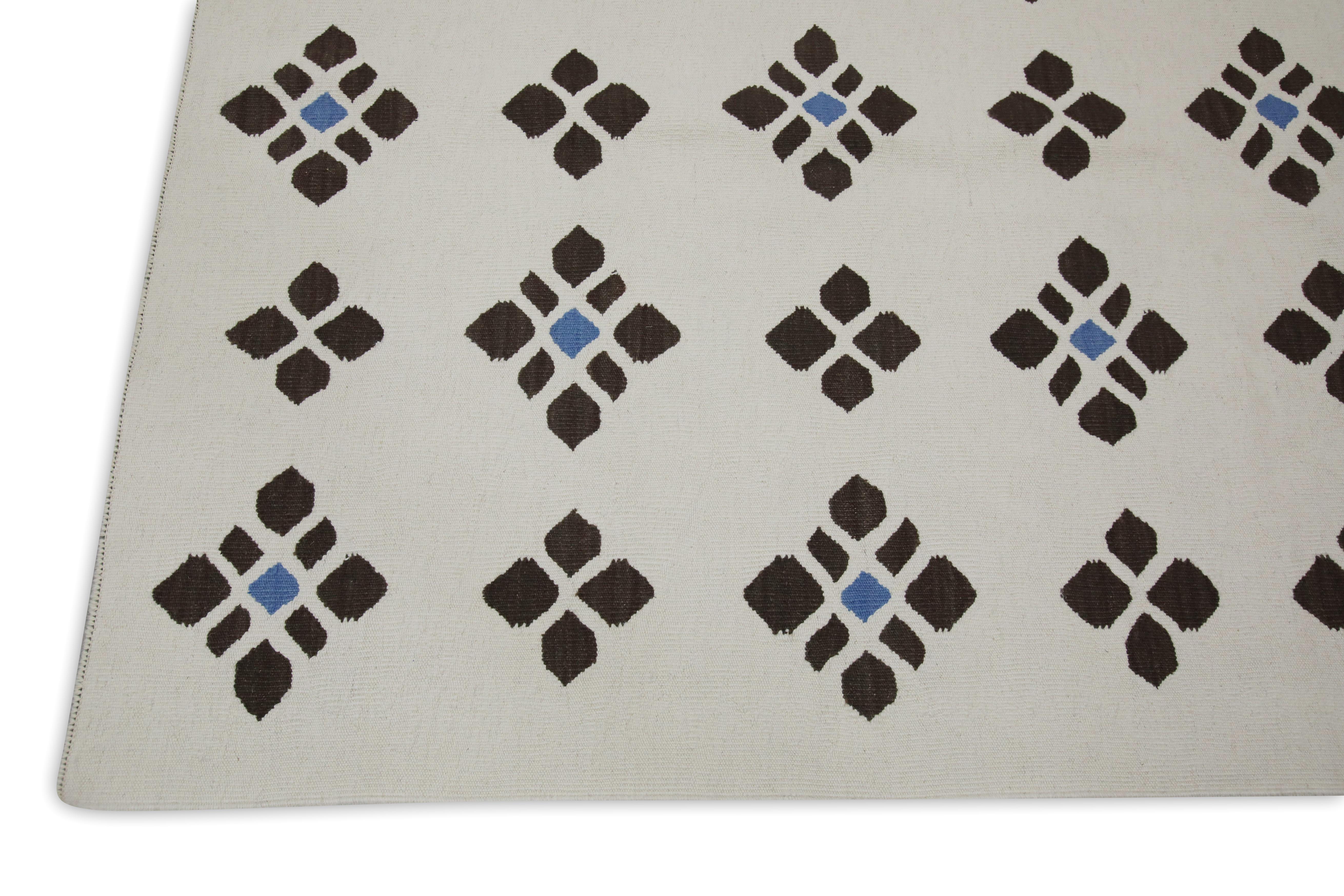 Kilim Beige and Brown Geometric Design Modern Flatweave Handmade Wool Rug For Sale