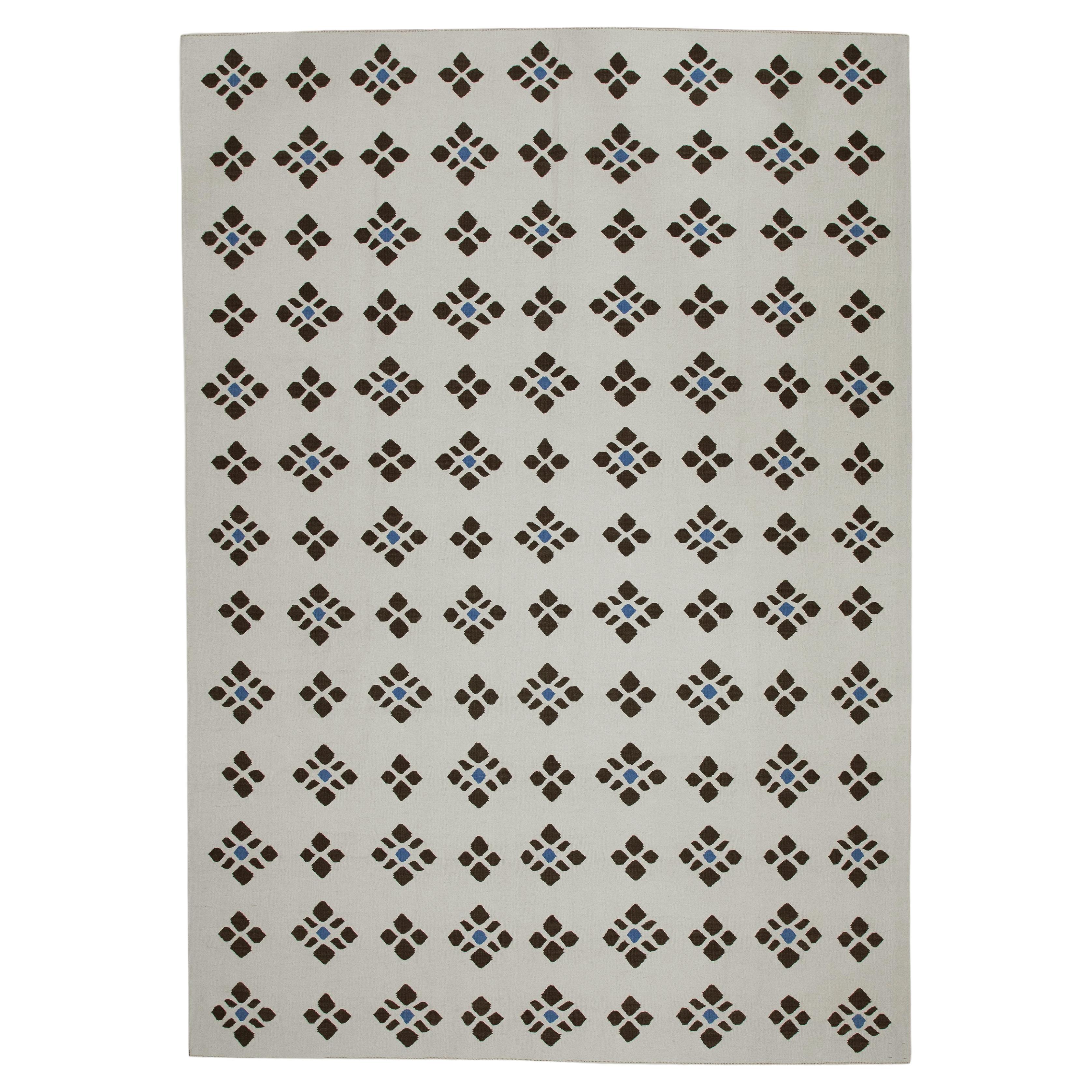 Beige and Brown Geometric Design Modern Flatweave Handmade Wool Rug For Sale