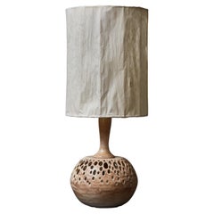 Vintage Beige and Brown Glazed Ceramic Table Lamp with Rice Paper Shade