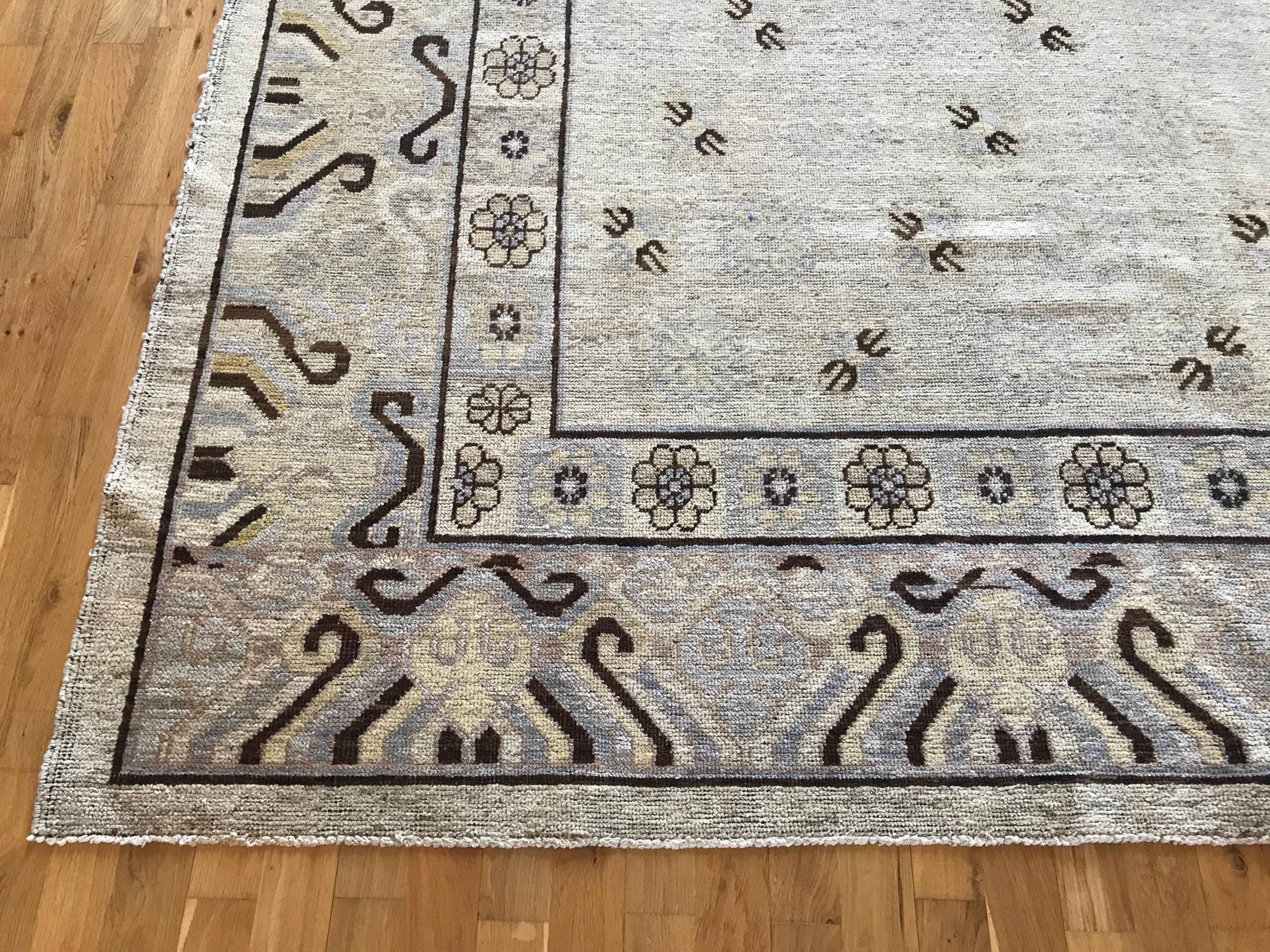 Hand-Knotted Beige and Brown Khotan Area Rug