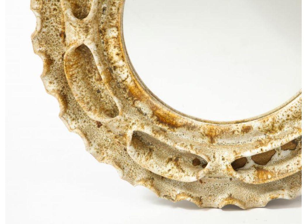 Beige and Brown Speckled Sculpted Glazed Ceramic Wall Mirror, 20th Century 5