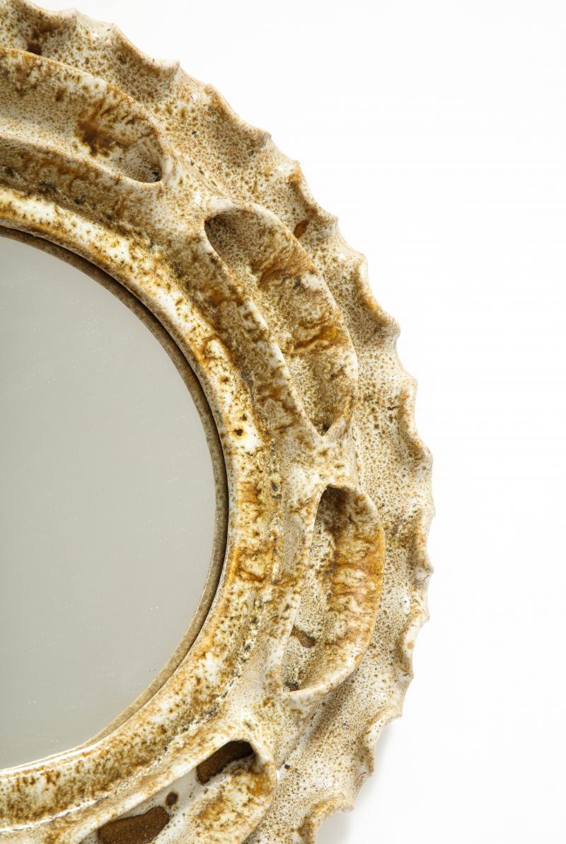 Beige and Brown Speckled Sculpted Glazed Ceramic Wall Mirror, 20th Century 6