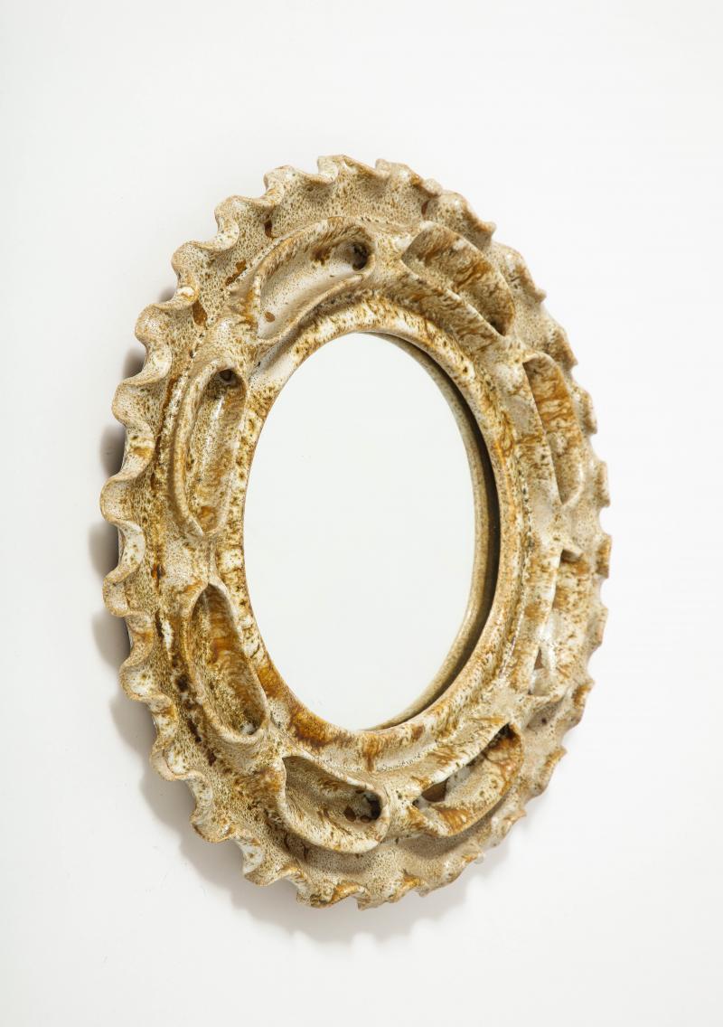 Modern Beige and Brown Speckled Sculpted Glazed Ceramic Wall Mirror, 20th Century