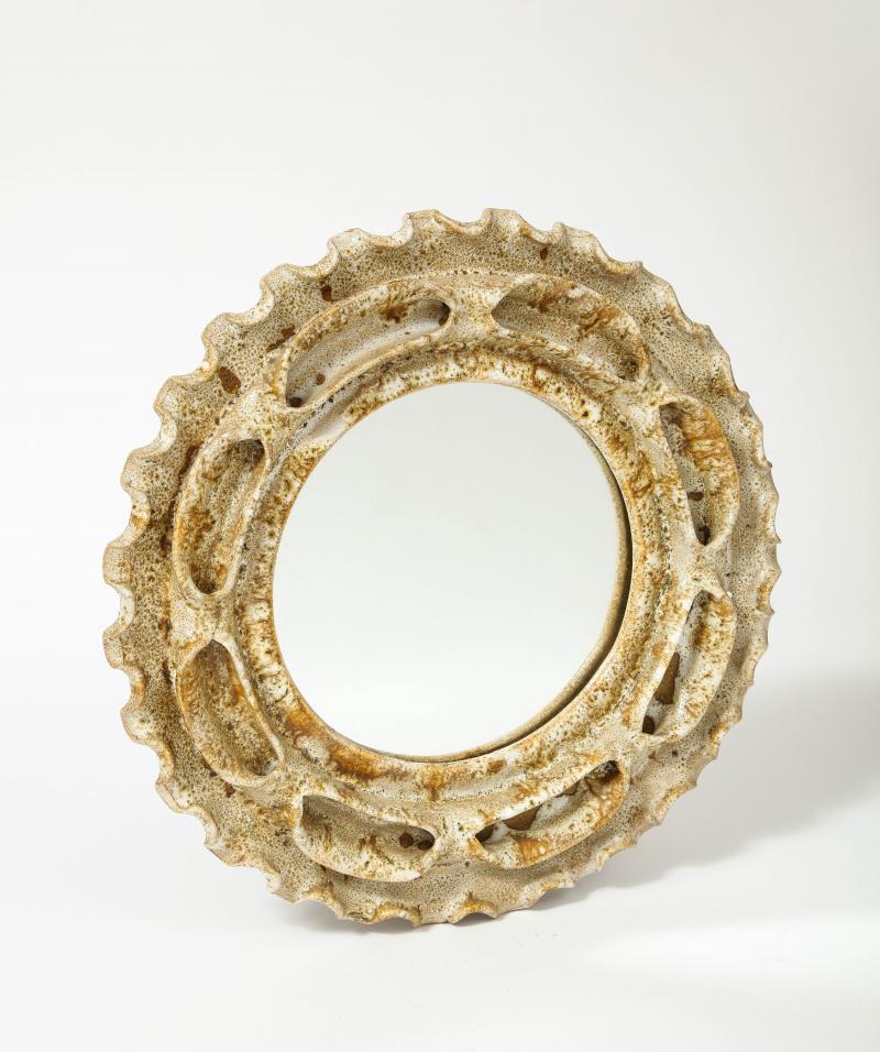 French Beige and Brown Speckled Sculpted Glazed Ceramic Wall Mirror, 20th Century
