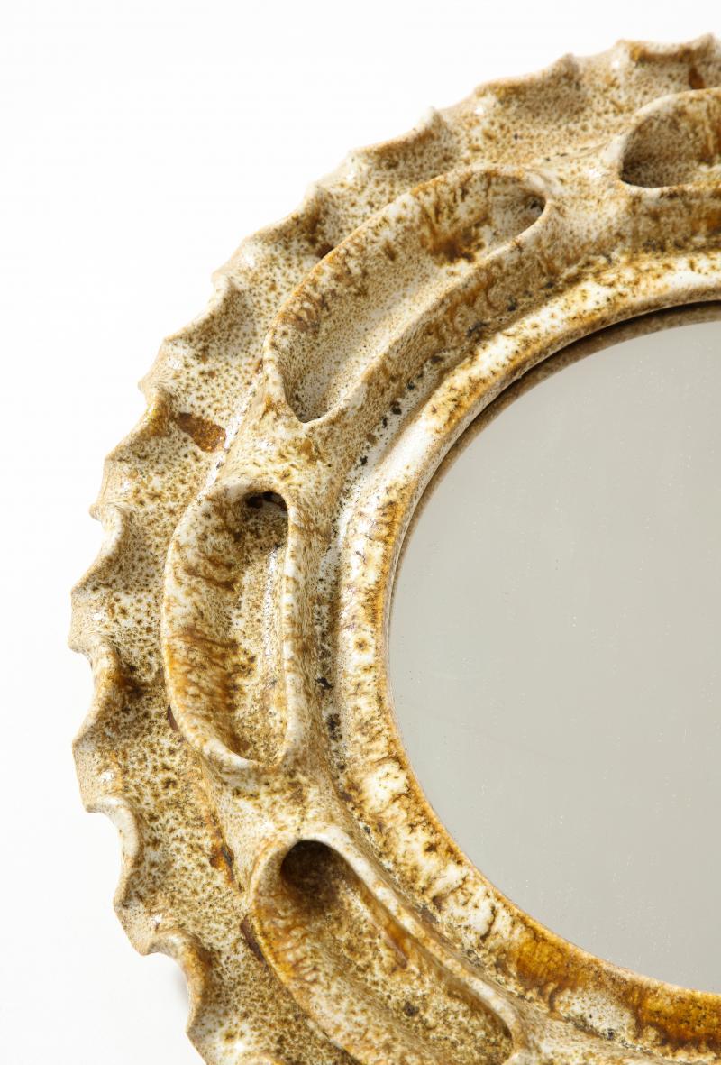 Beige and Brown Speckled Sculpted Glazed Ceramic Wall Mirror, 20th Century 2