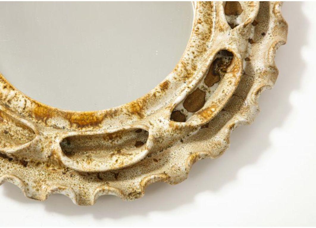 Beige and Brown Speckled Sculpted Glazed Ceramic Wall Mirror, 20th Century 3