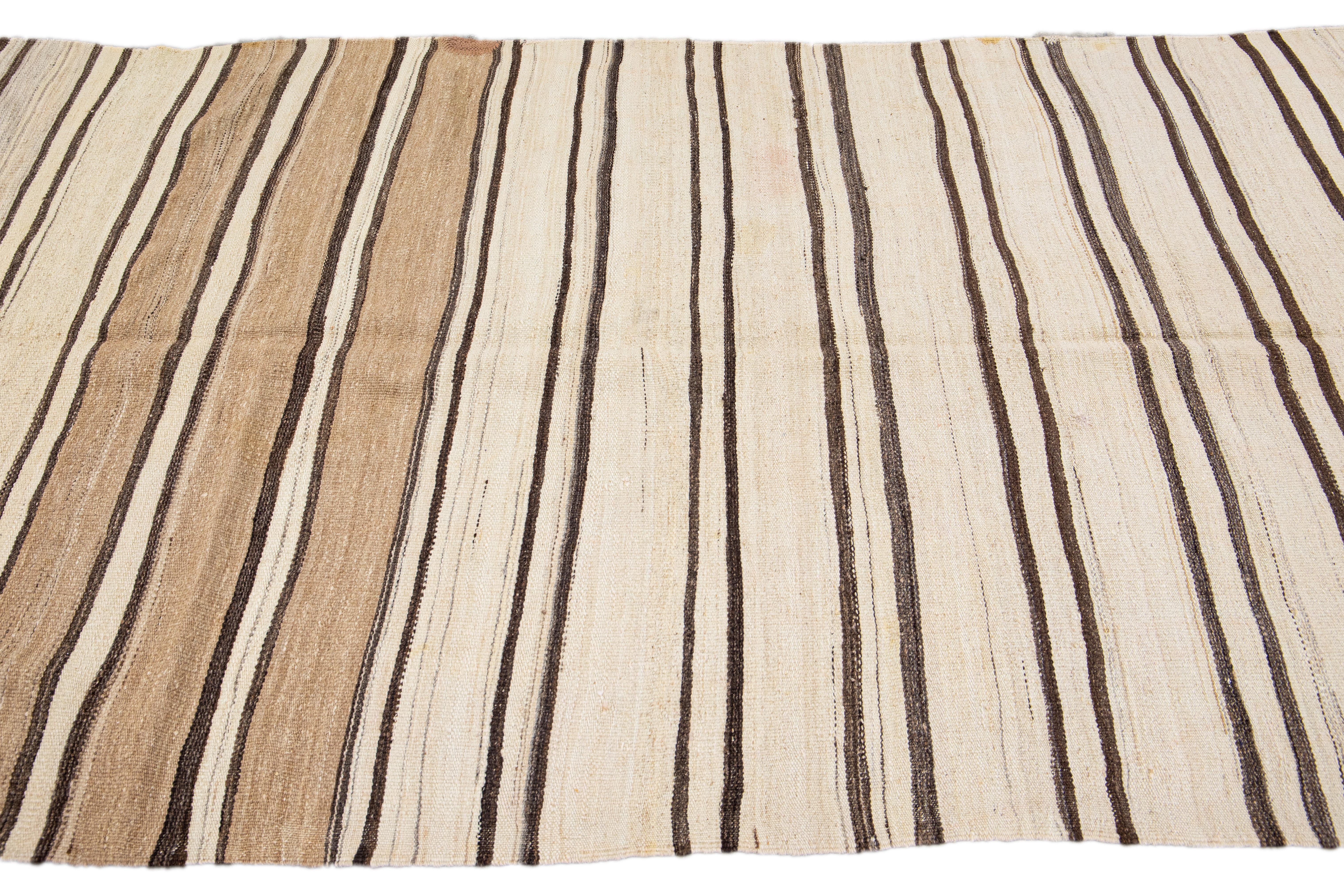 Beige And Brown Striped Vintage Kilim Handmade Flatweave Wool Rug In Excellent Condition For Sale In Norwalk, CT