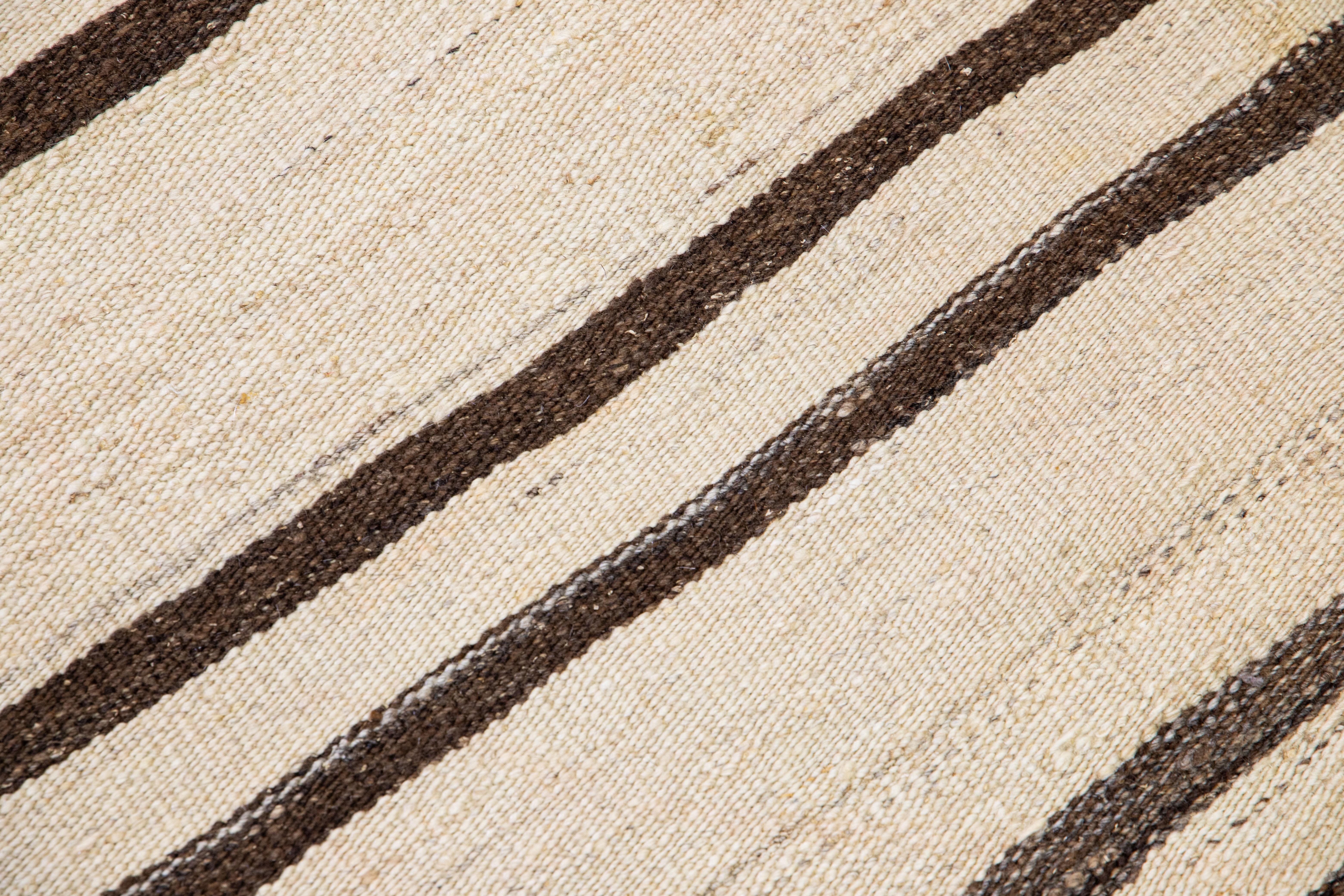 Beige And Brown Striped Vintage Kilim Handmade Flatweave Wool Rug For Sale 1