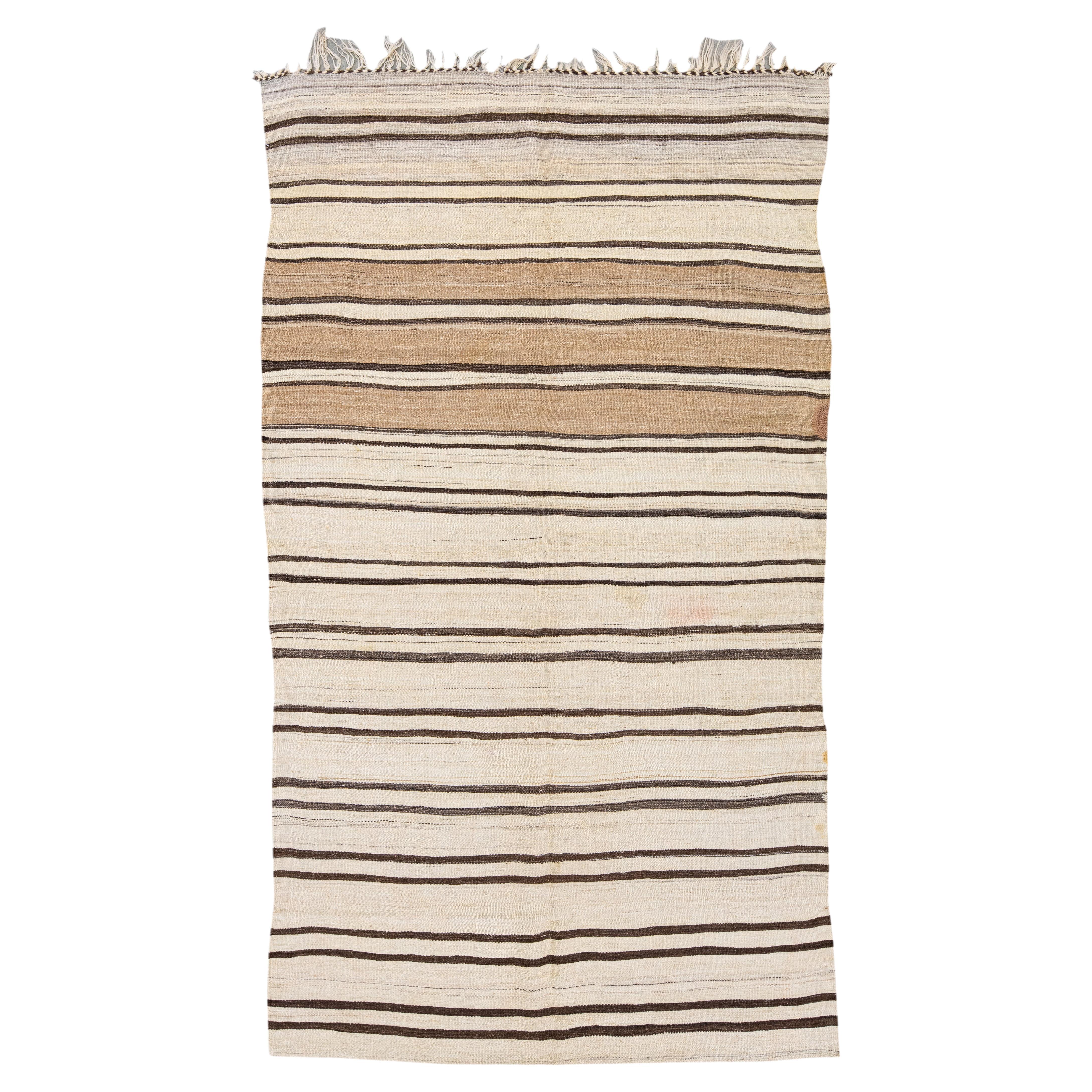 Beige And Brown Striped Vintage Kilim Handmade Flatweave Wool Rug For Sale