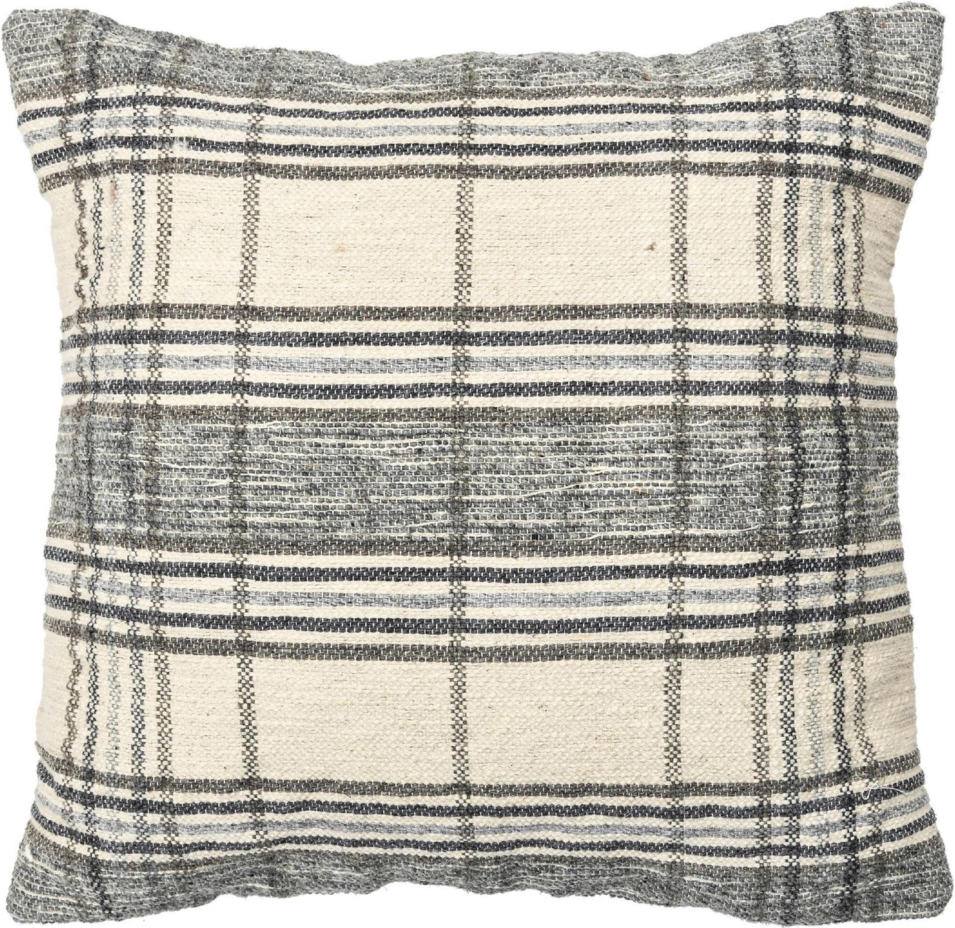 Indian Beige and Gray Modern Geometric Wool and Cotton Pillow For Sale