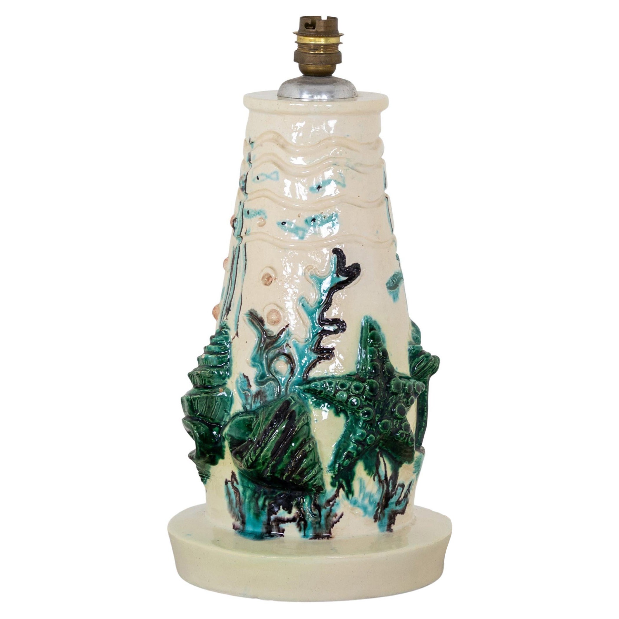 Beige and Green Ceramic Lamp with Underwater theme, Italy Mid-20th Century