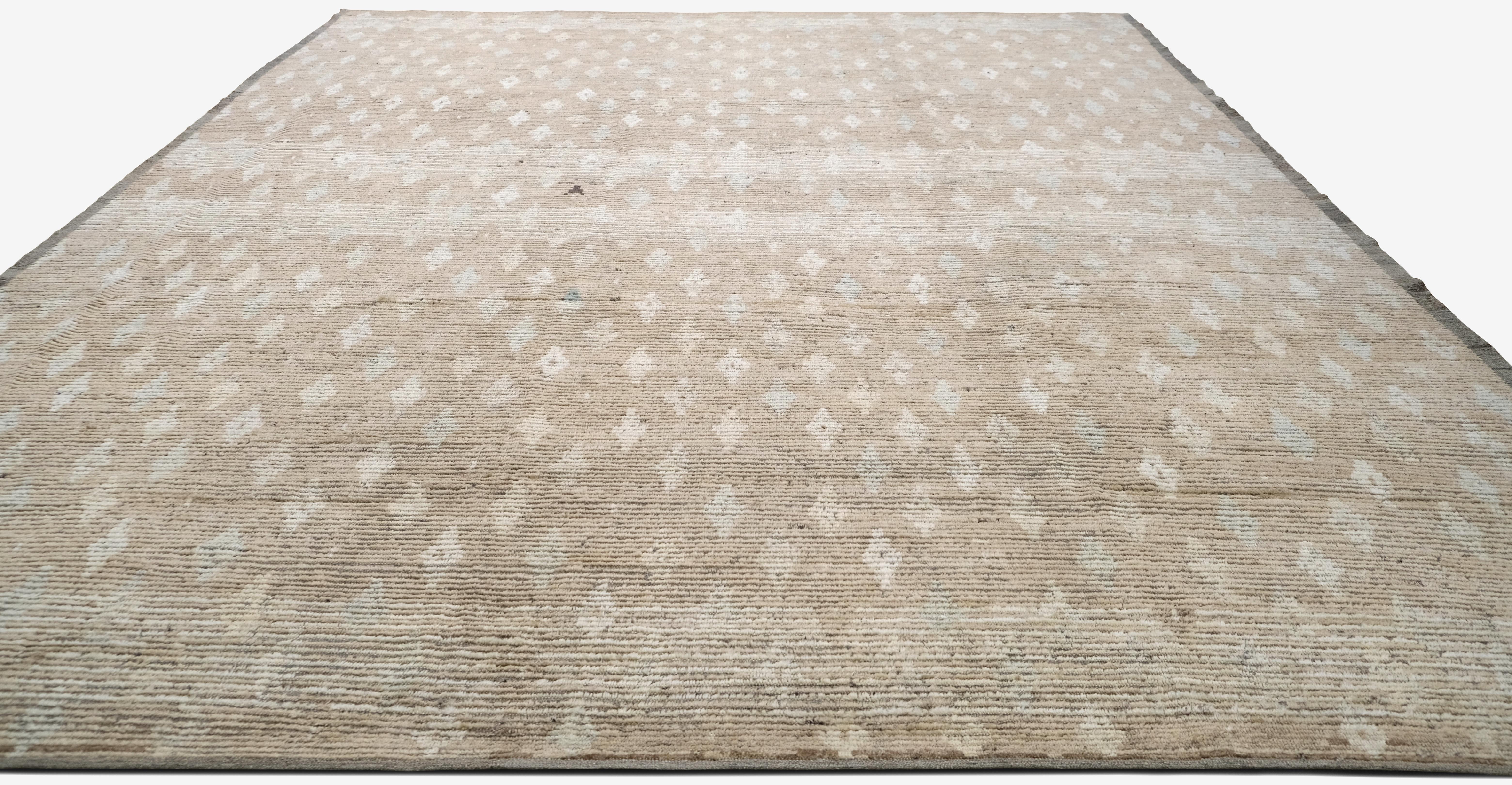 Afghan Beige and Ivory Geometric Patterned Wool Rug 11'10''x14'4'' For Sale