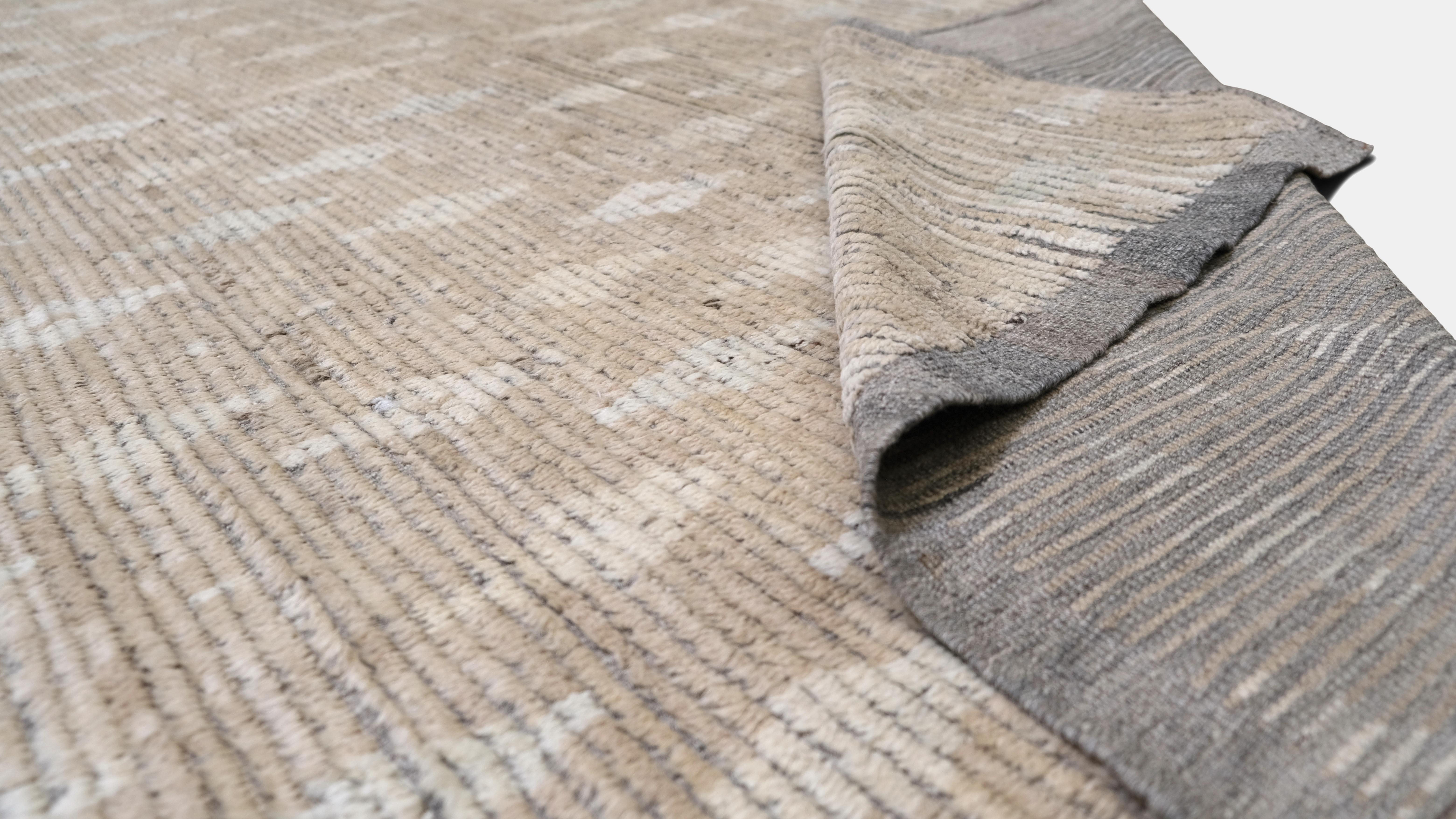 Hand-Knotted Beige and Ivory Geometric Patterned Wool Rug 11'10''x14'4'' For Sale