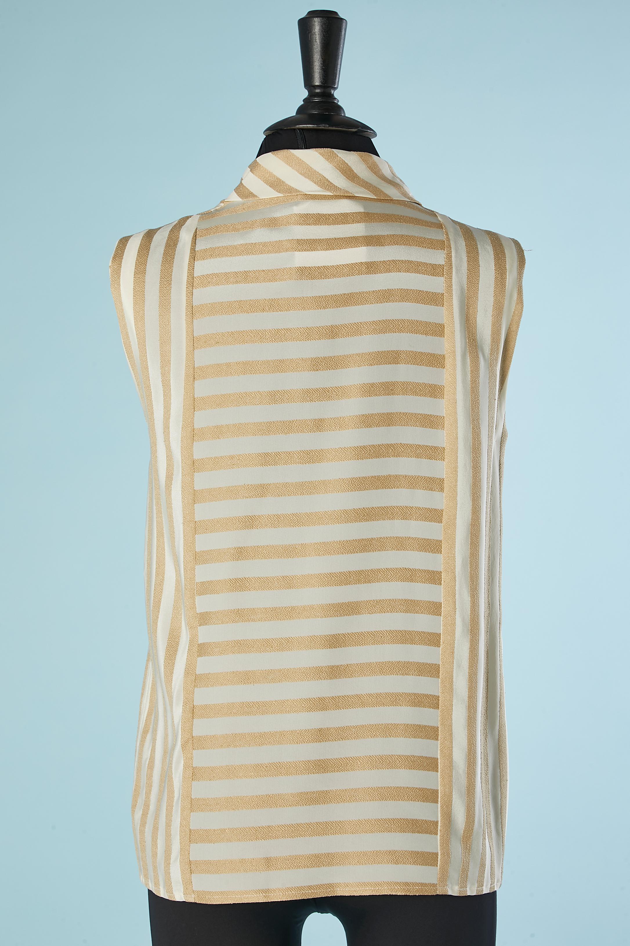 Beige and ivory striped silk jacquard sleeveless blouse with bow Chanel Boutique For Sale 1