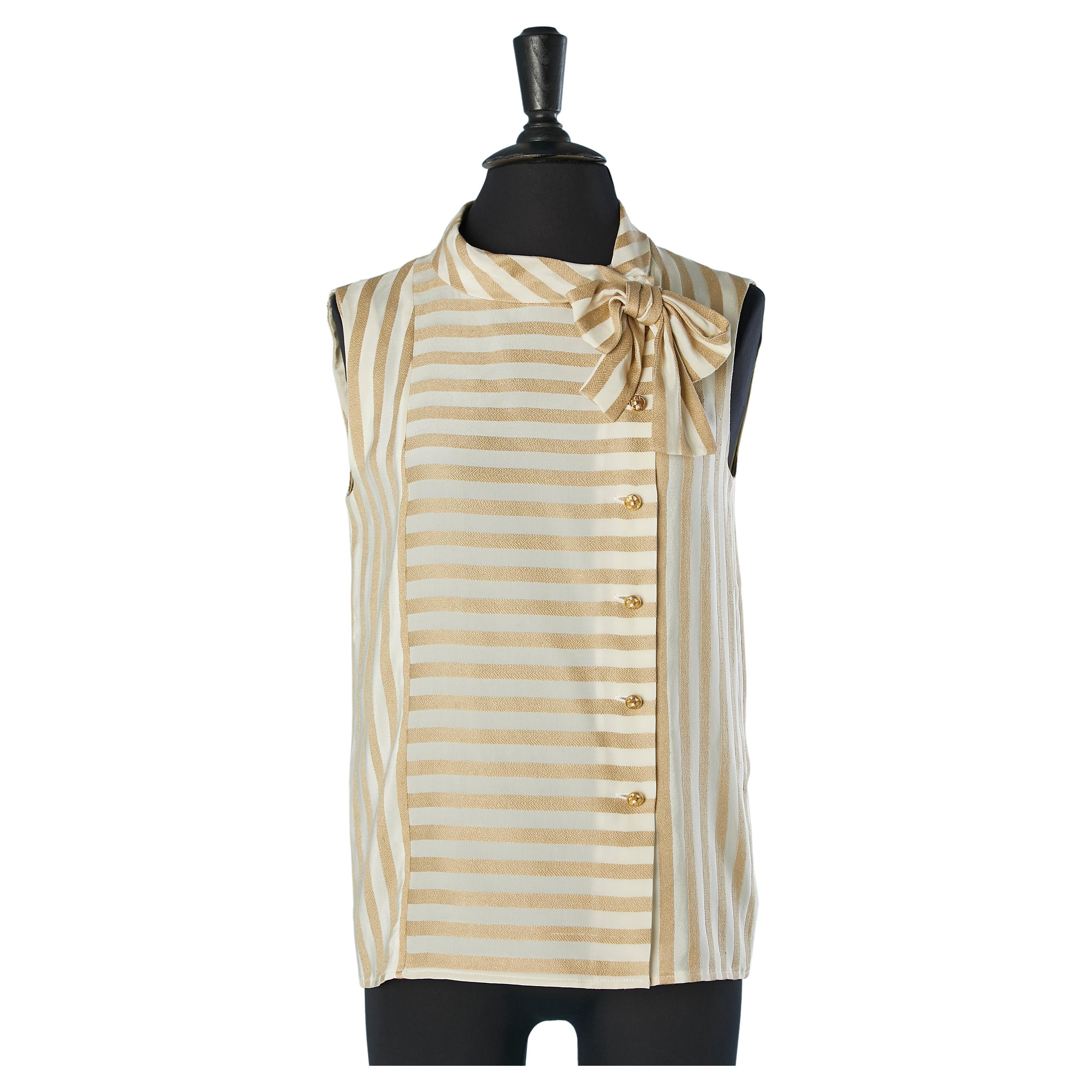 Beige and ivory striped silk jacquard sleeveless blouse with bow Chanel Boutique For Sale