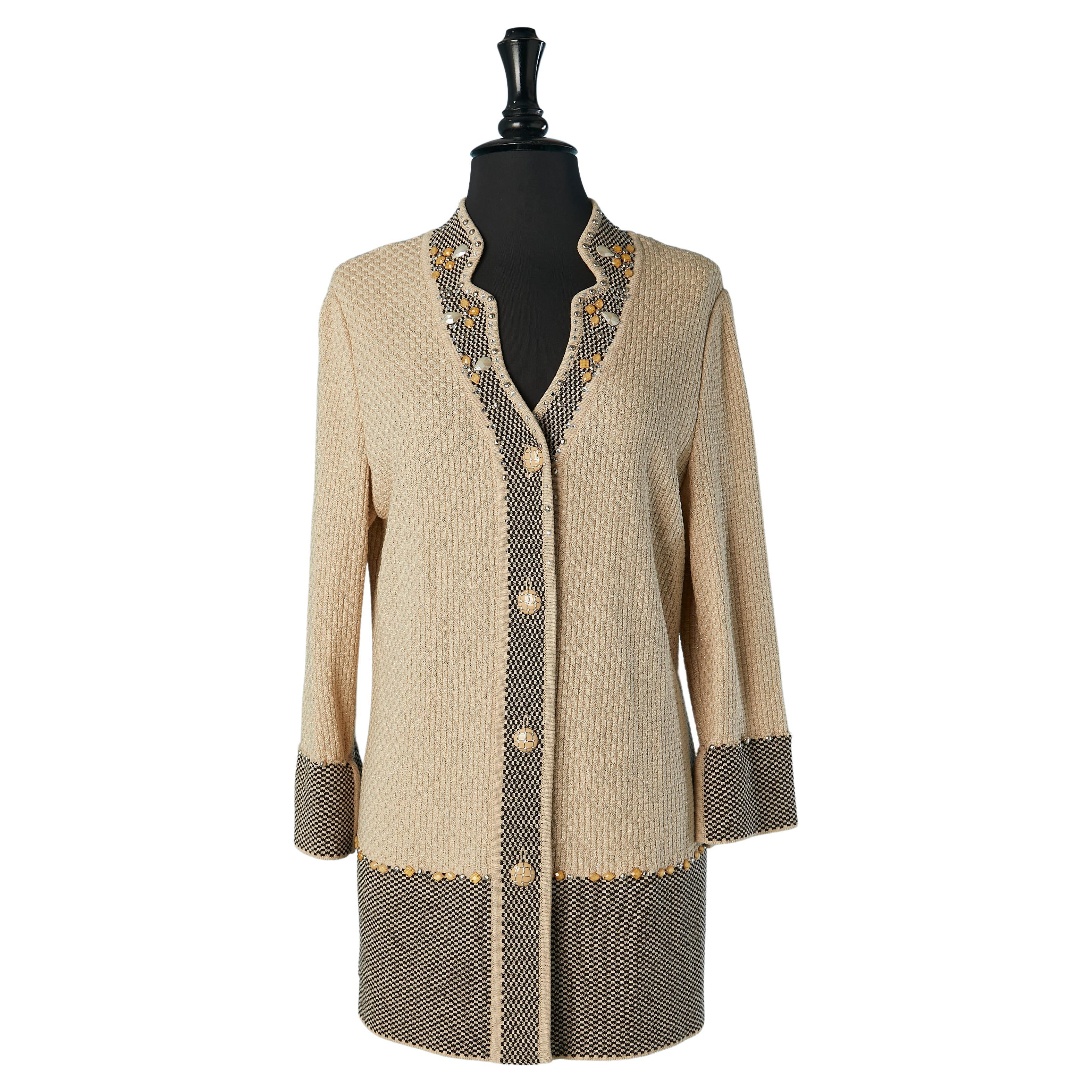 Cardigan beige e jacquard con strass e perline S.Johns